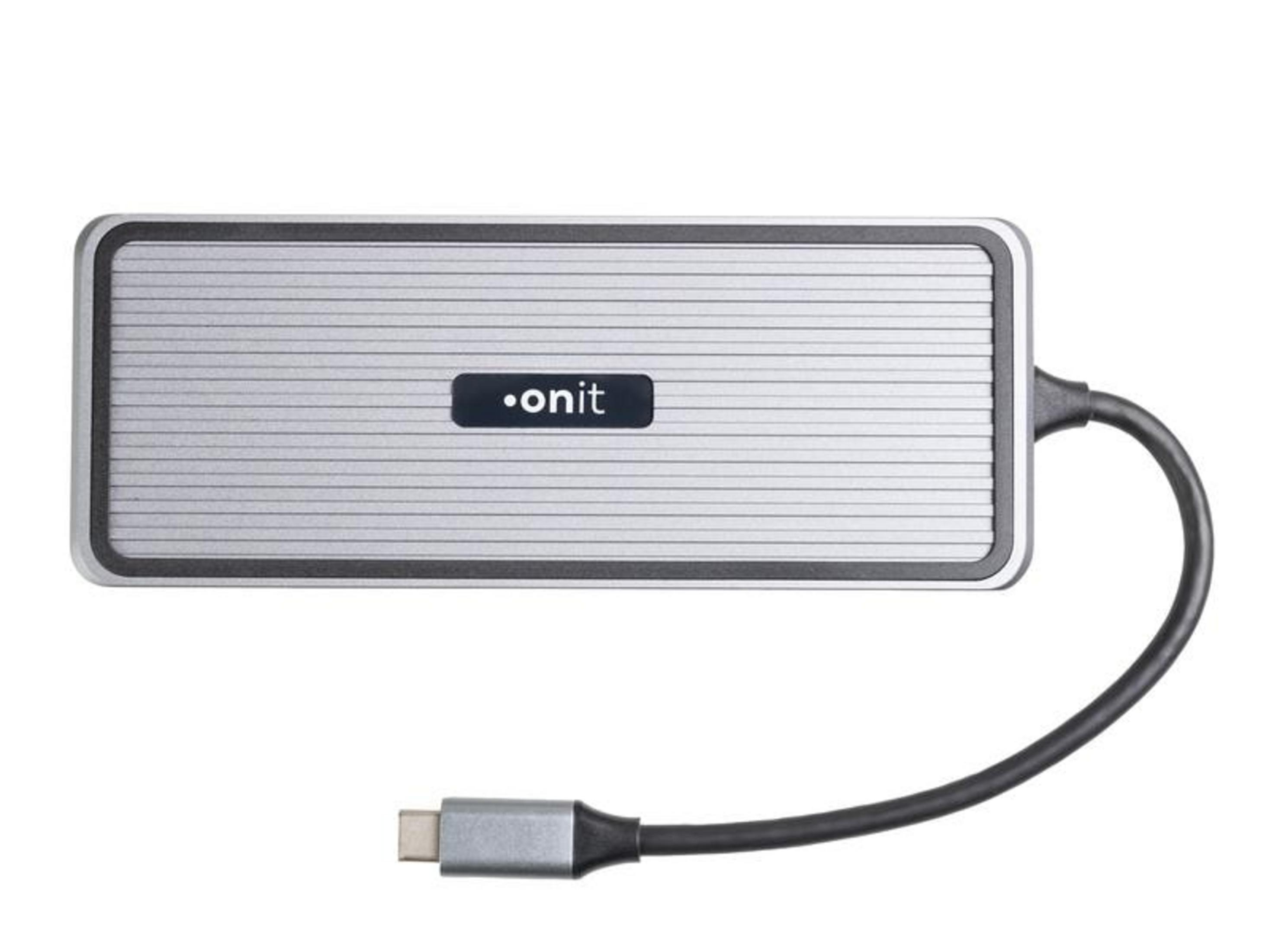 Ein silbernes Onit-Gerät mit USB-C-Kabel auf weißem Hintergrund.