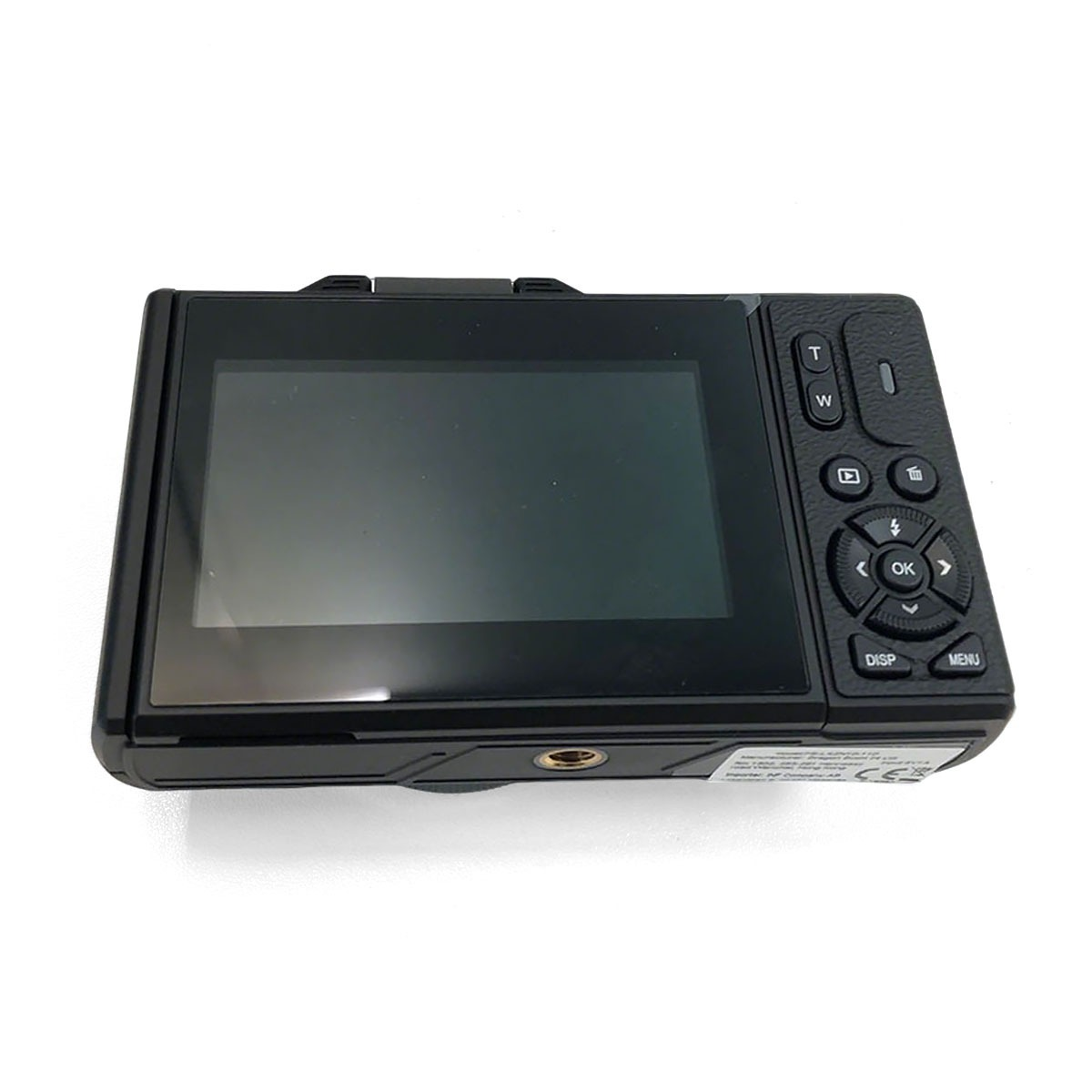 Tył czarnego aparatu cyfrowego z ekranem LCD i przyciskami sterującymi.