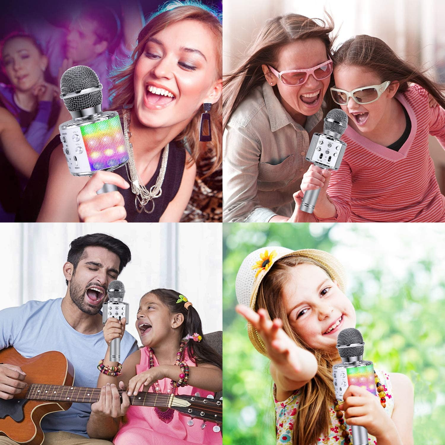 Vier Szenen zeigen Menschen, die mit einem beleuchteten Mikrofon singen.