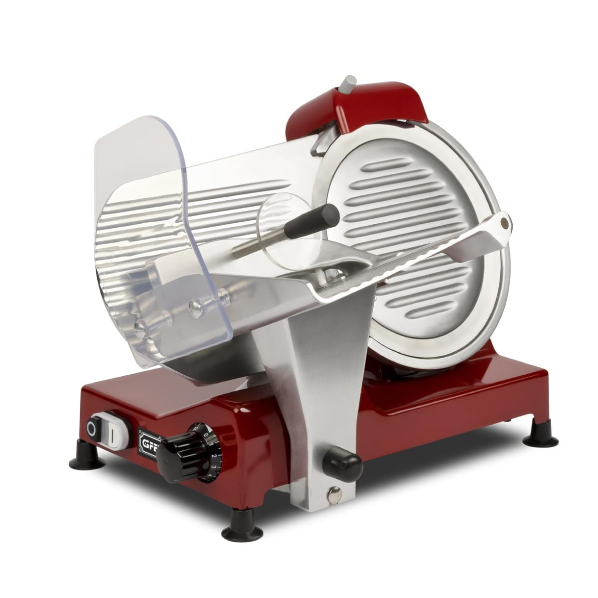 Una affettatrice rossa con carrello in acciaio inox e scudo di protezione.