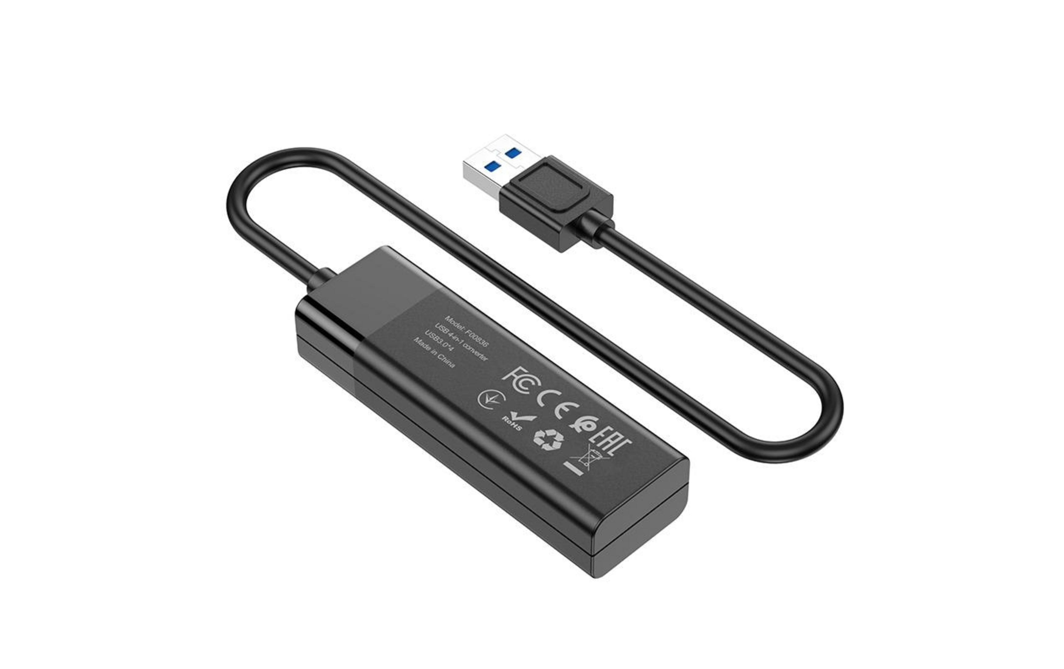 Schwarzer USB 4-in-1-Konverter mit USB-A-Stecker und Kabel.