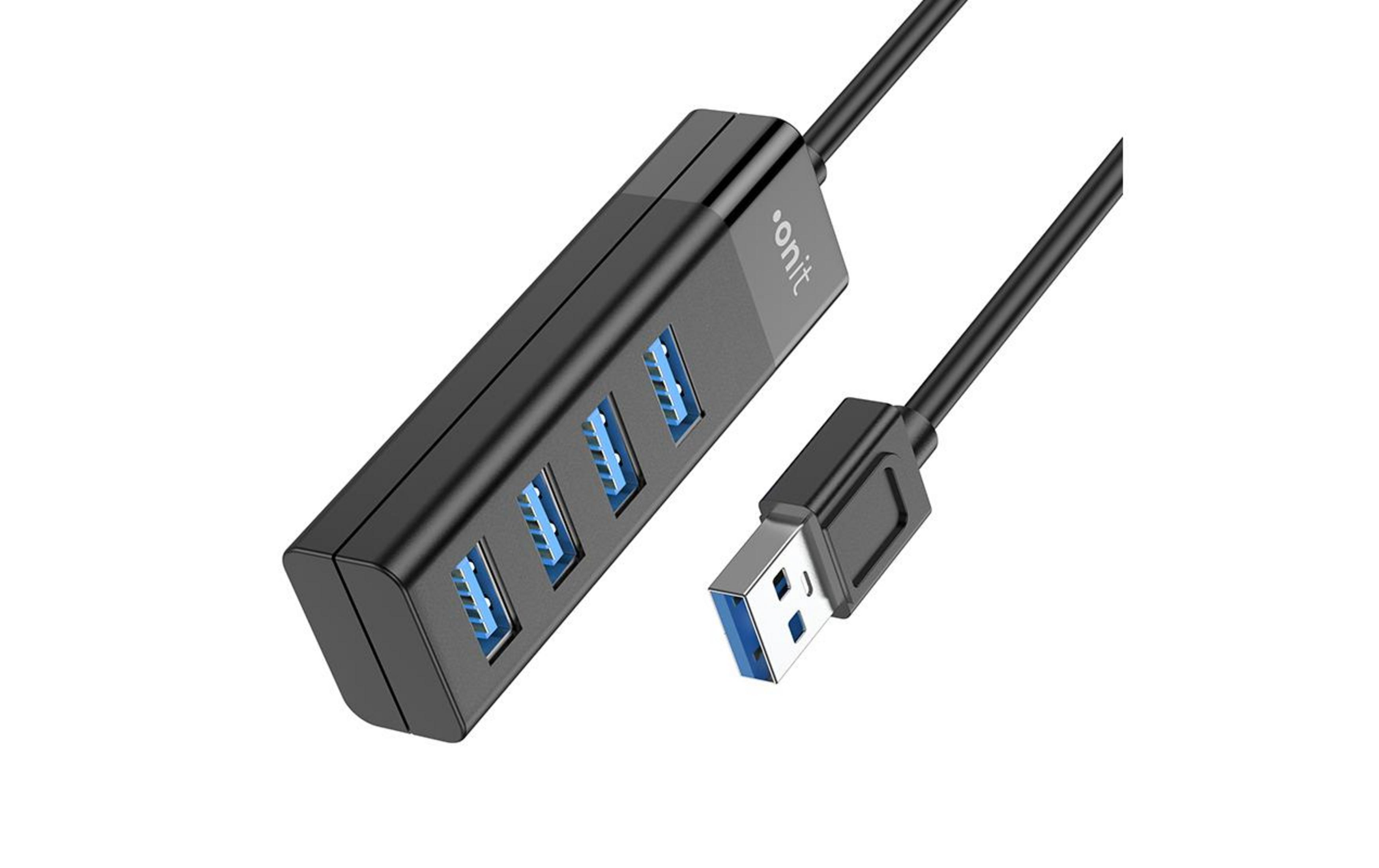 Schwarzer USB-Hub mit vier blauen Anschlüssen und einem USB-Kabel.