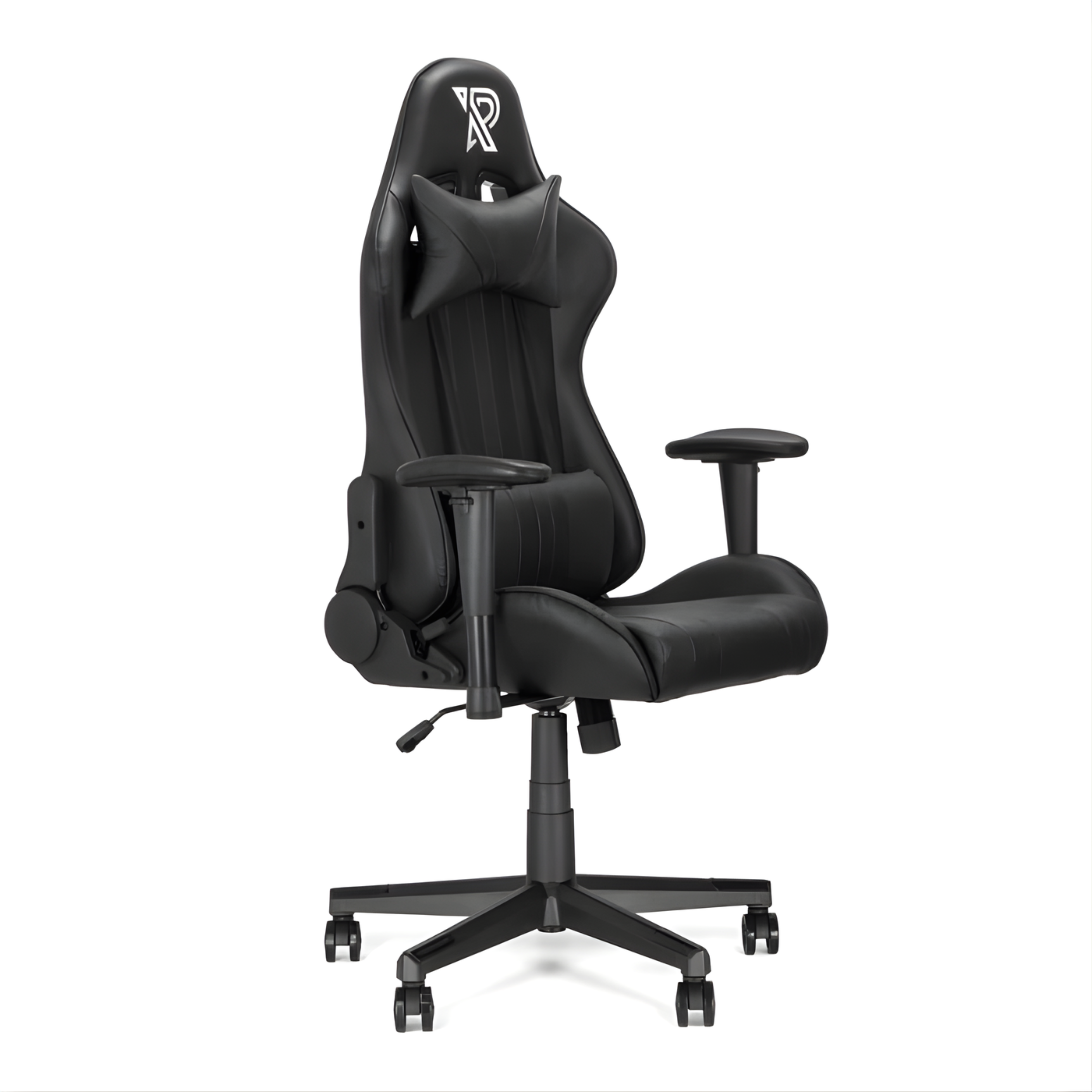 Chaise gamer noire avec appui-tête et accoudoirs réglables, sur roulettes.