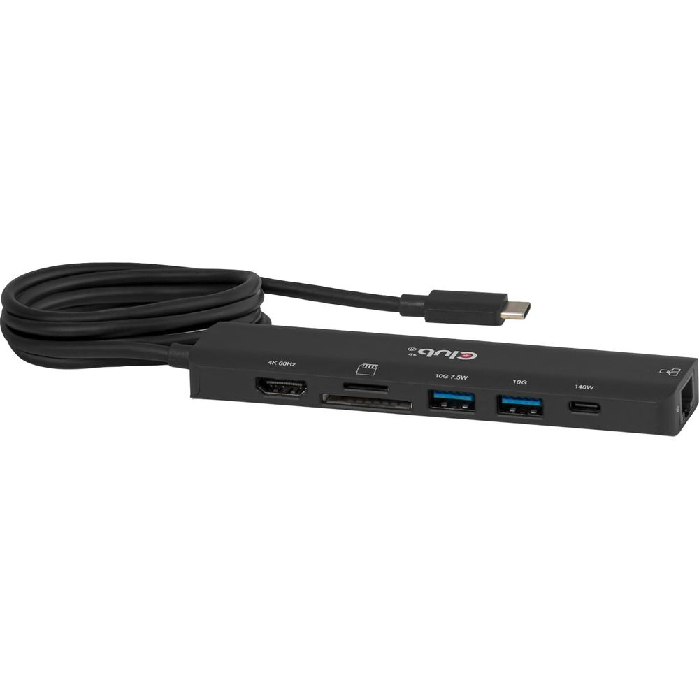 Schwarzer USB-C-Hub mit HDMI, SD-Kartenleser, USB-A-Ports und Ladeanschluss.