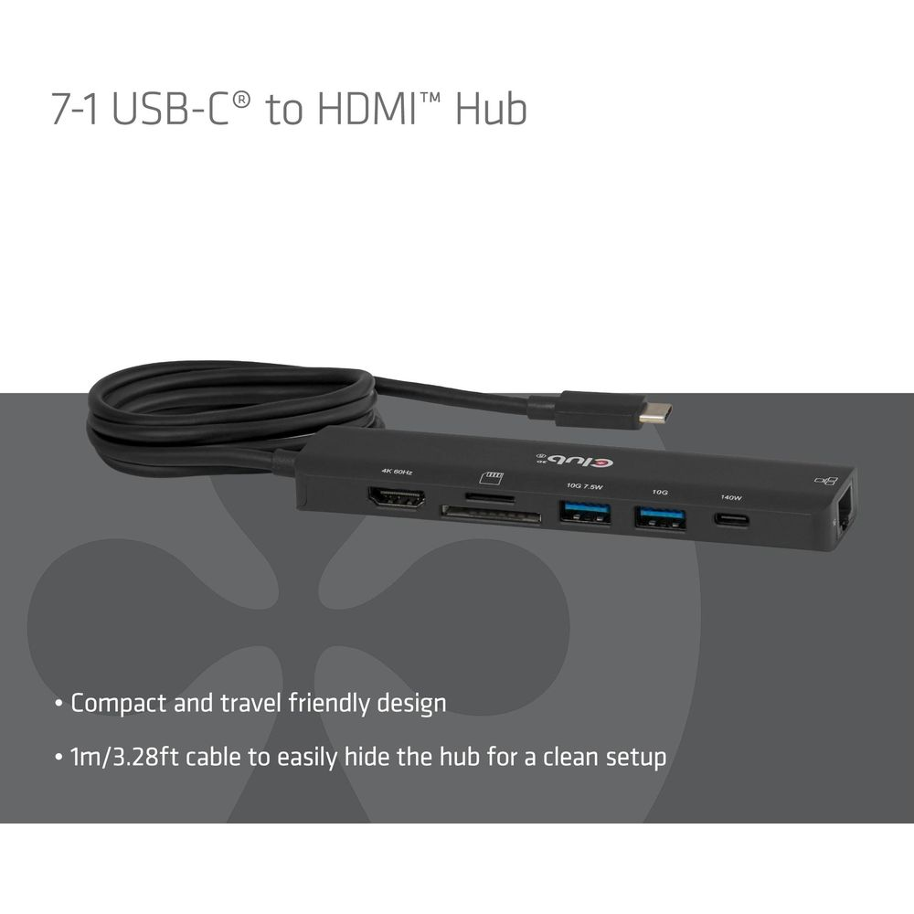 Ein kompakter 7-in-1 USB-C-zu-HDMI-Hub mit verschiedenen Anschlüssen.
