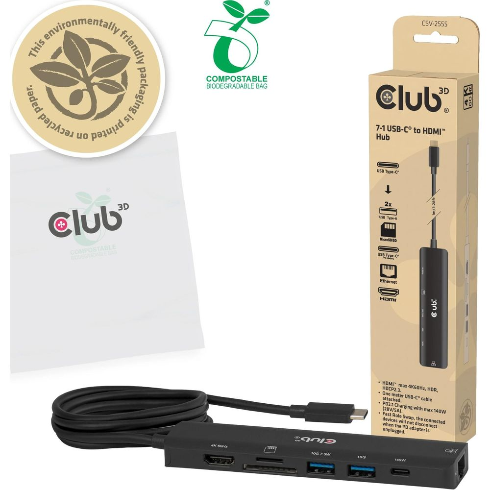 Ein Club 3D USB-C zu HDMI Hub mit Kabel und Verpackung. Links ist ein Aufkleber.
