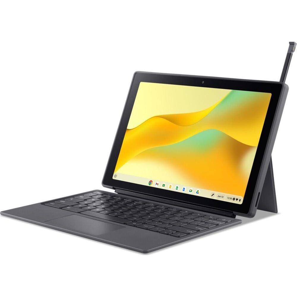 Ein dunkelgraues Convertible-Laptop mit Stift ist geöffnet und zeigt einen bunten abstrakten Hintergrund.