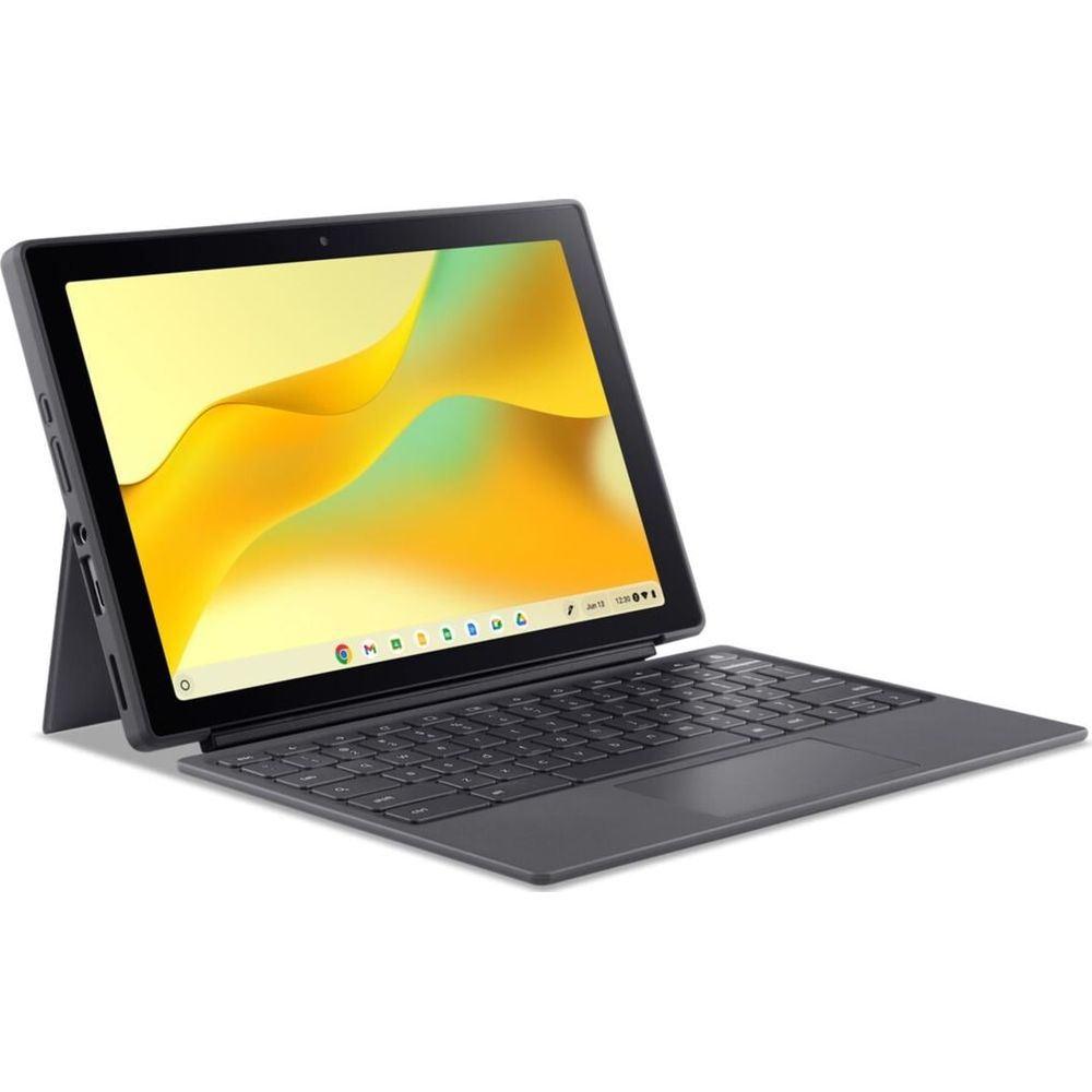Ein dunkler 2-in-1-Laptop mit angebrachtem Tastaturdock und hellem Hintergrundbild.
