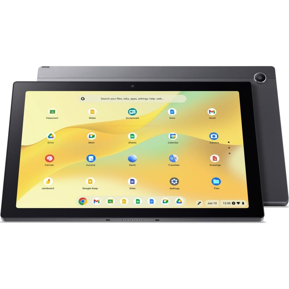 Ein dunkelgraues Tablet zeigt einen bunten Startbildschirm mit App-Symbolen und einer Suchleiste.