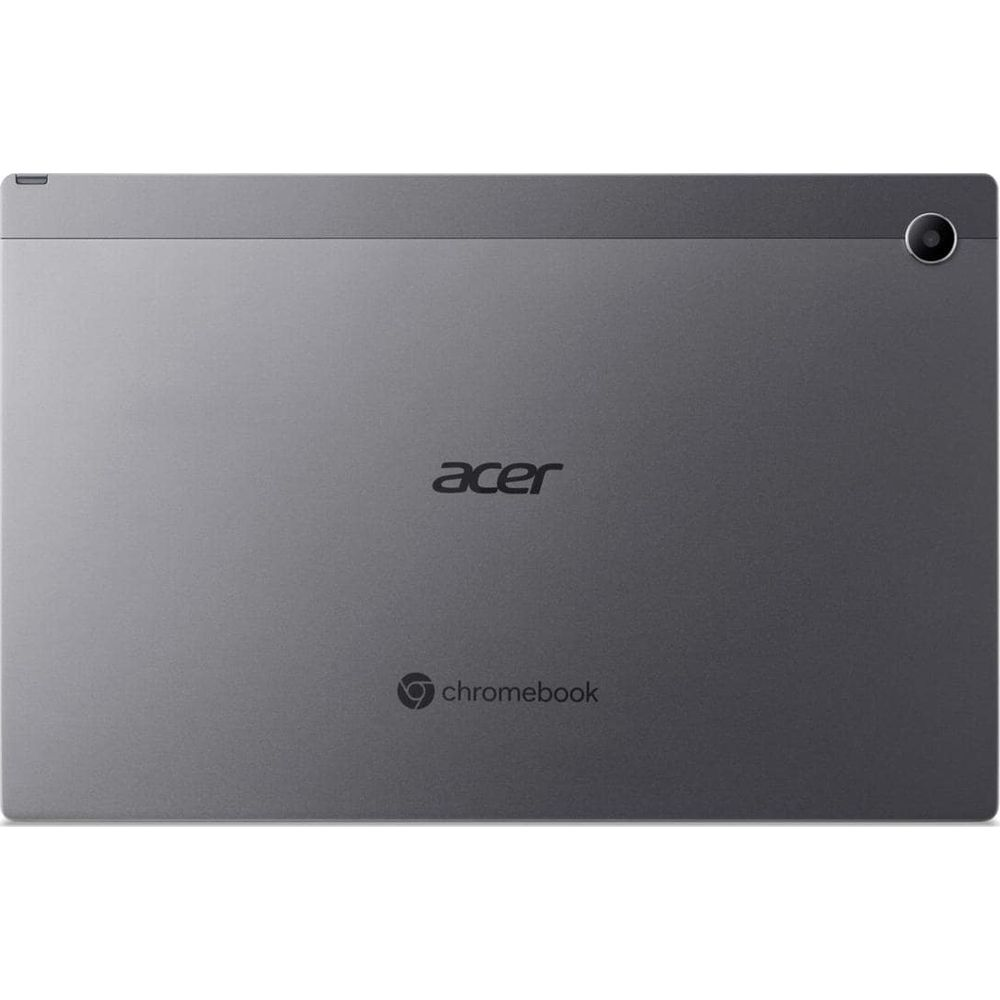 Rückseite eines grauen Acer Chromebook Tablets mit Kamera und Logos.