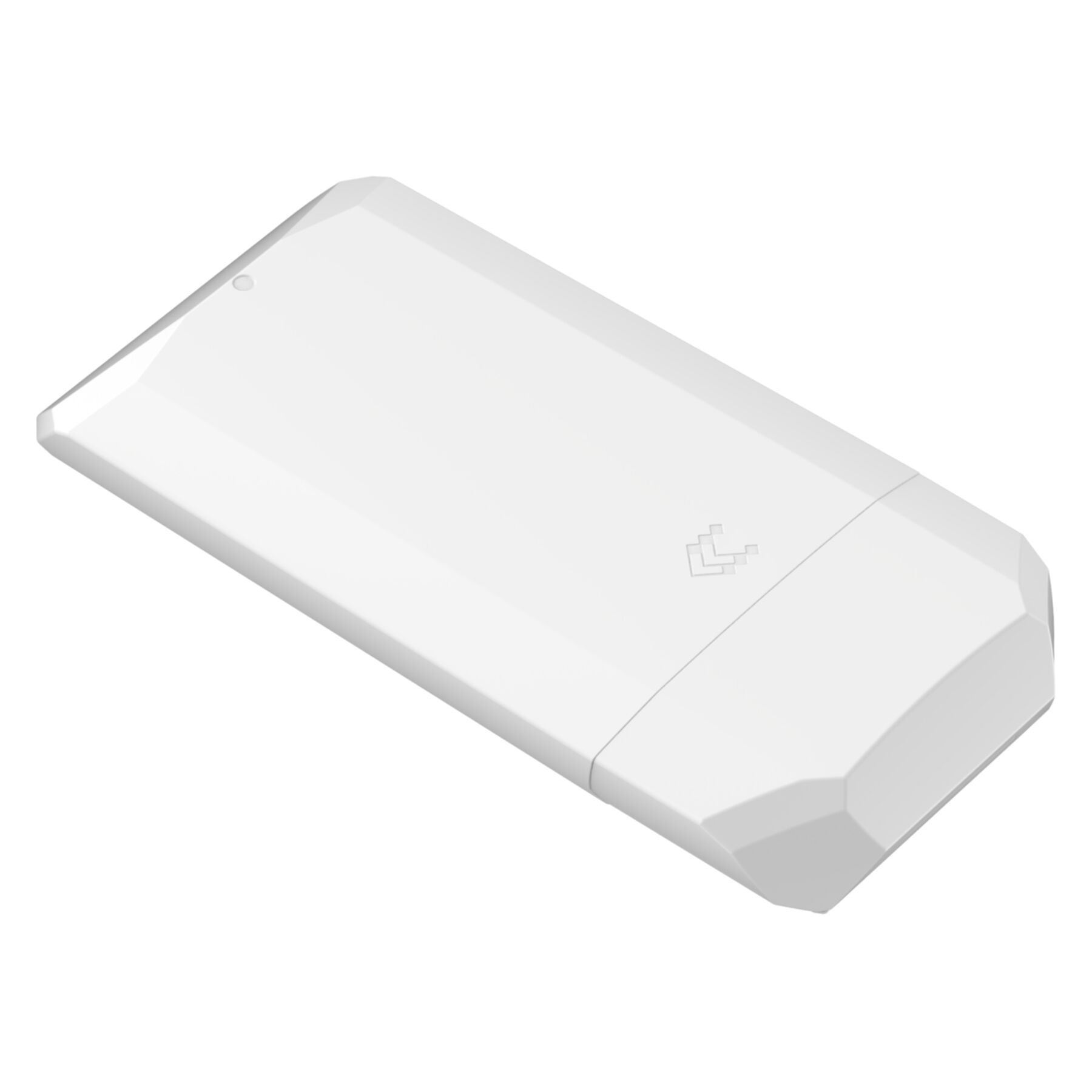Un appareil rectangulaire blanc aux bords arrondis avec un logo.