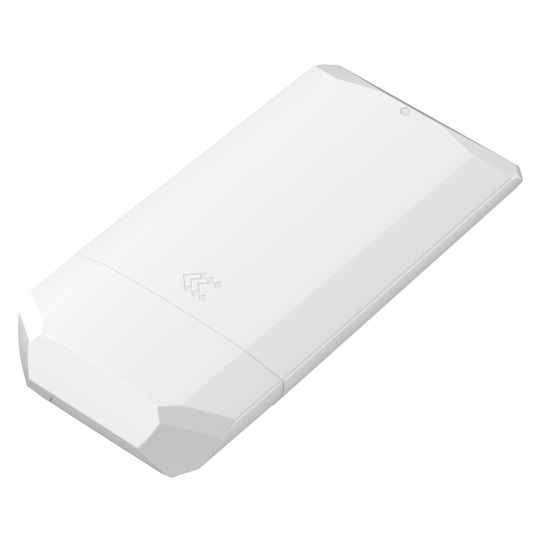 Un appareil rectangulaire blanc aux bords arrondis avec un logo.