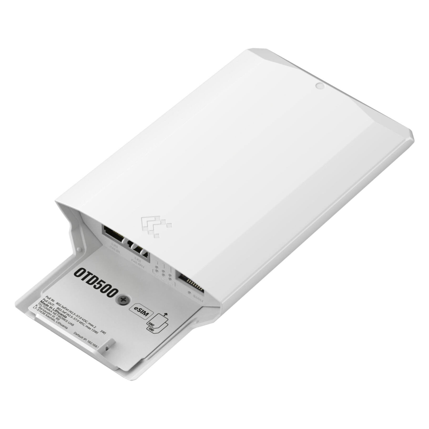 Un appareil OTD500 blanc avec des ports et un indicateur eSIM.