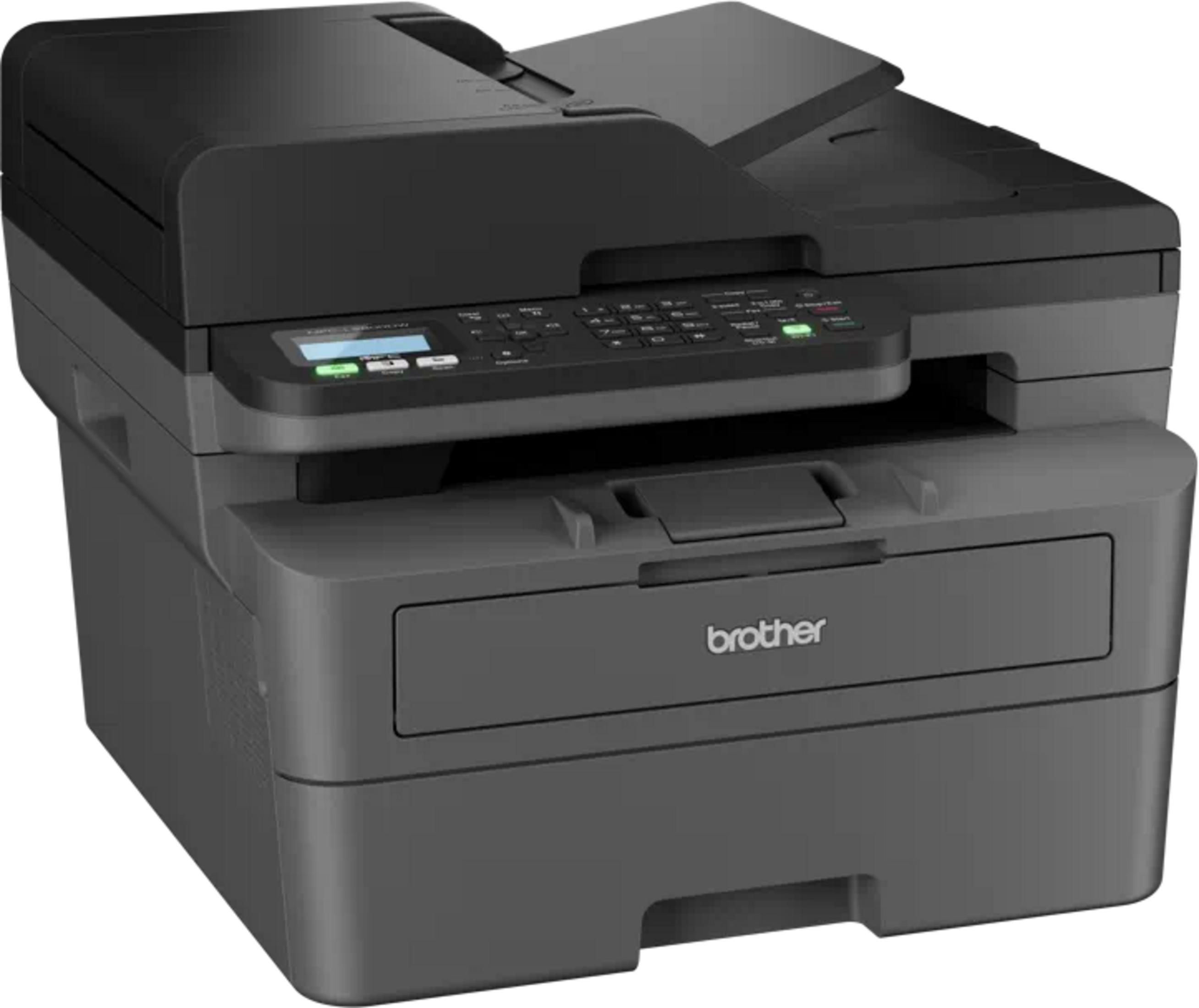 Ein schwarzer Brother Drucker mit Bedienfeld und Papierfach.