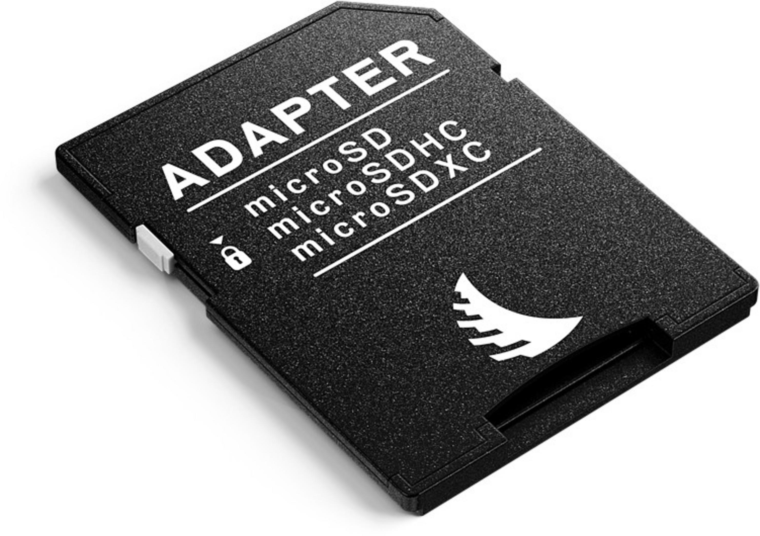 Un adattatore nero per schede microSD con scritte bianche.