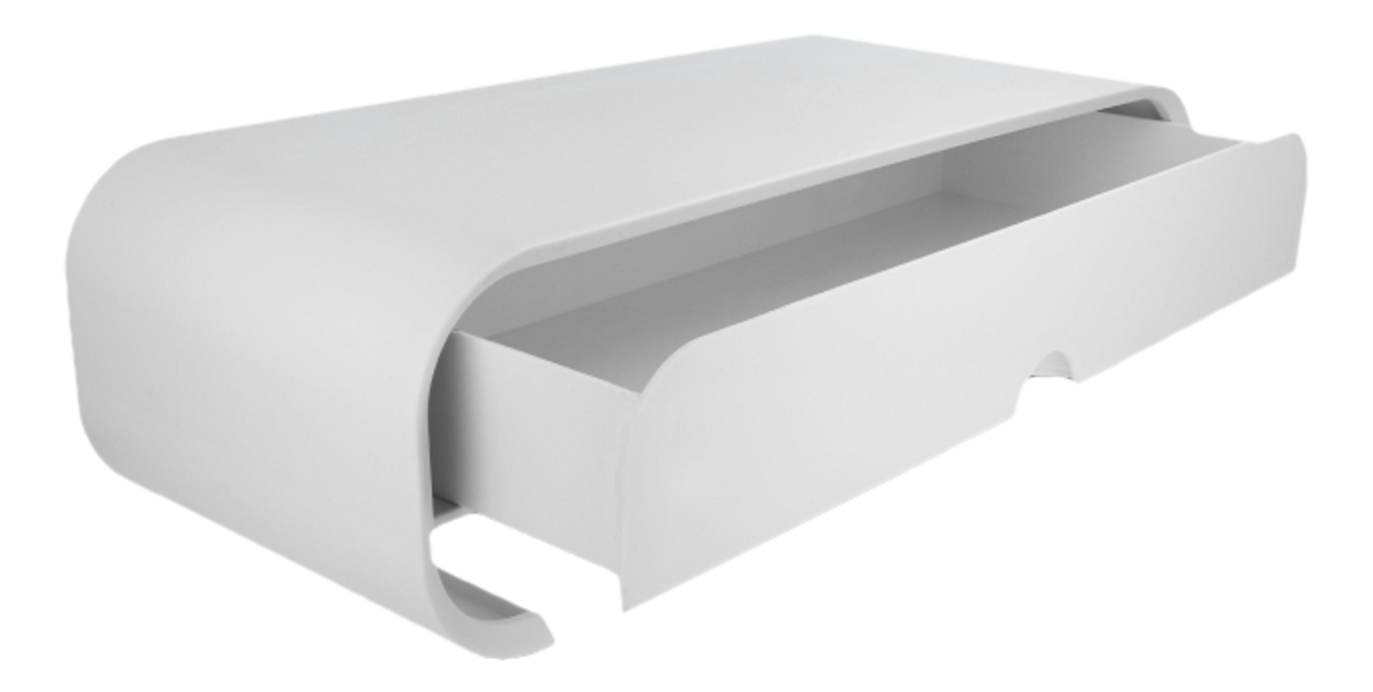 Un comodino bianco e moderno con un cassetto aperto.
