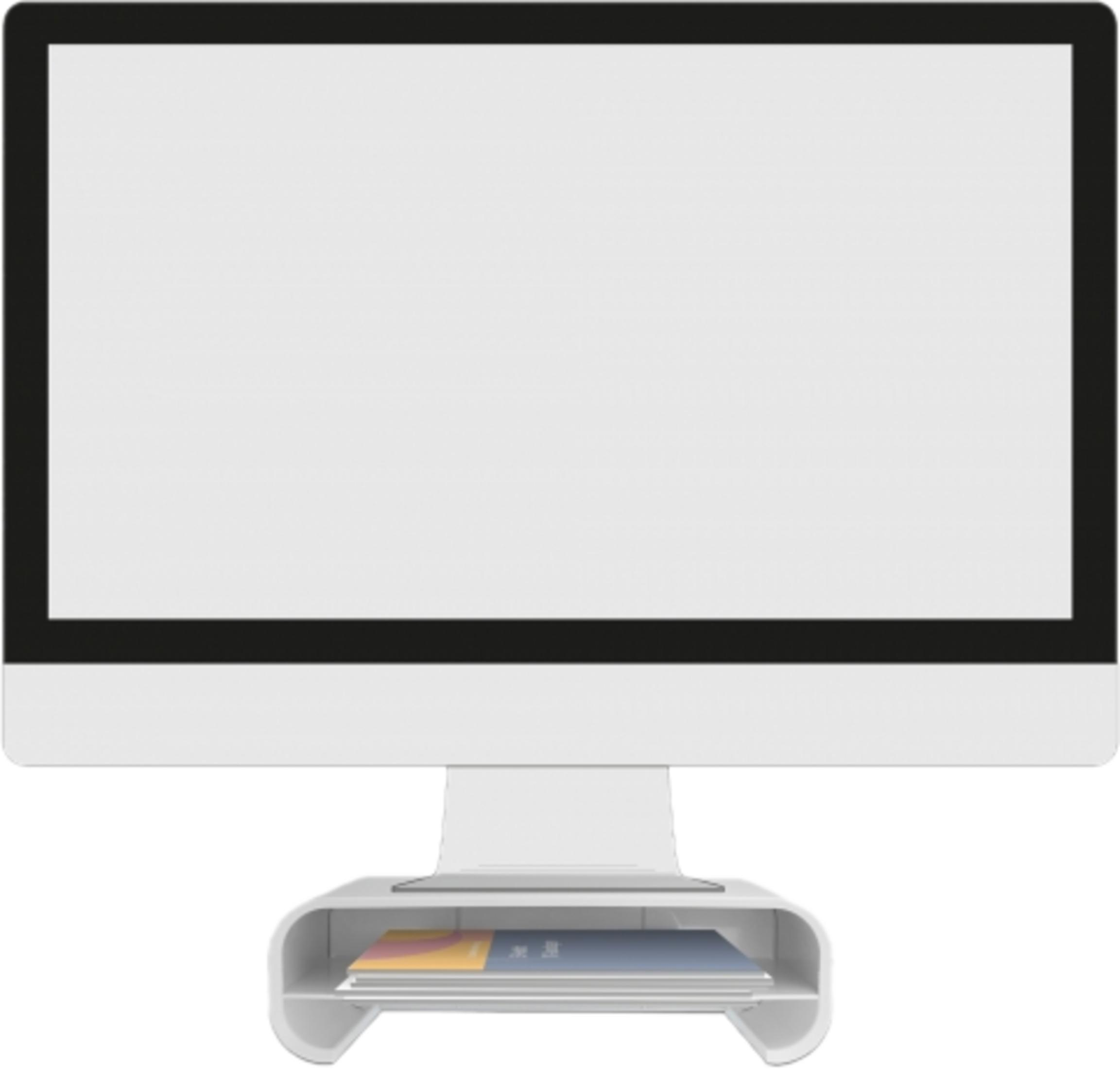 Un monitor bianco si trova sopra un organizer contenente libri e opuscoli.