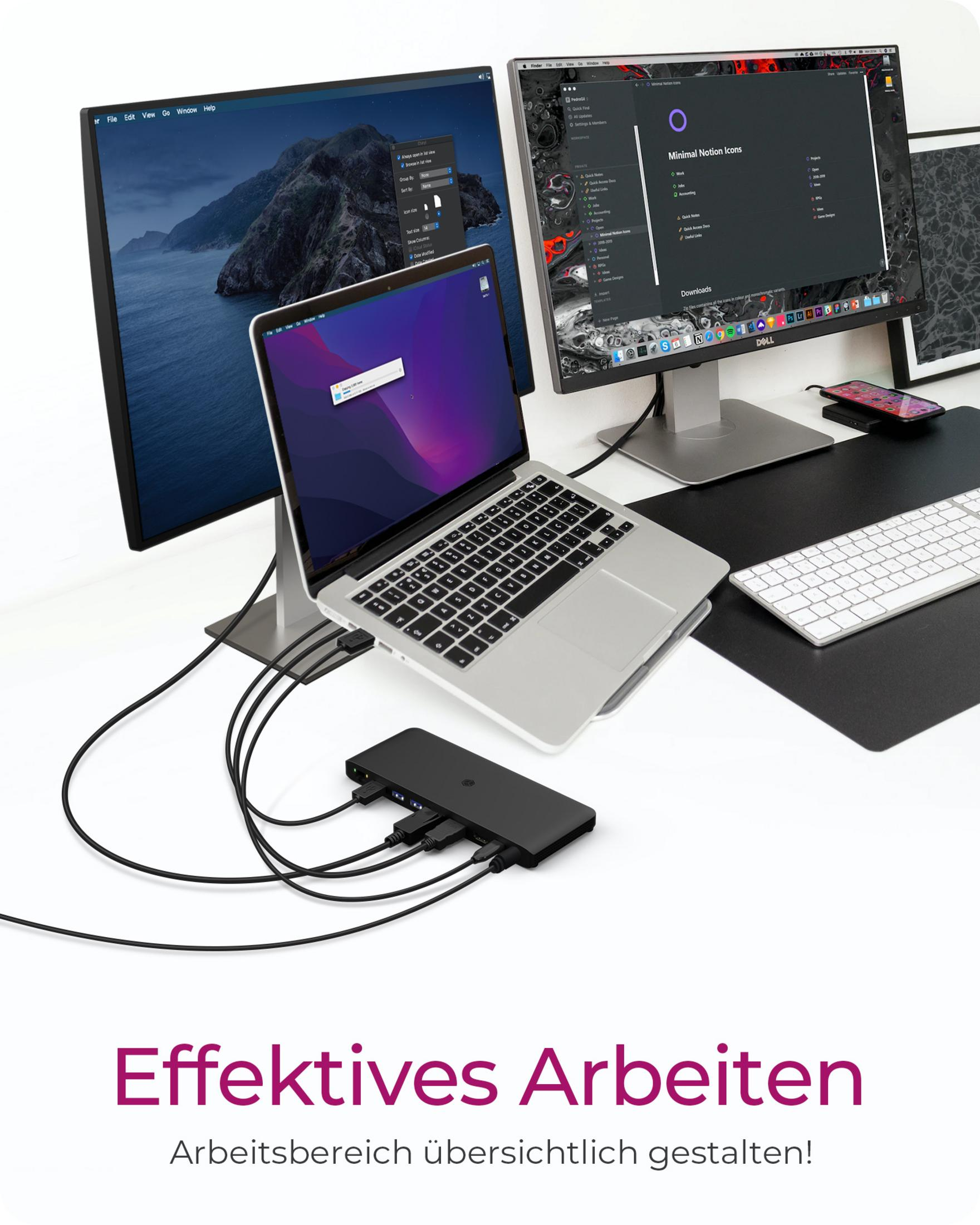 Ein Schreibtisch mit zwei Monitoren, einem Laptop, Tastatur und Dockingstation.