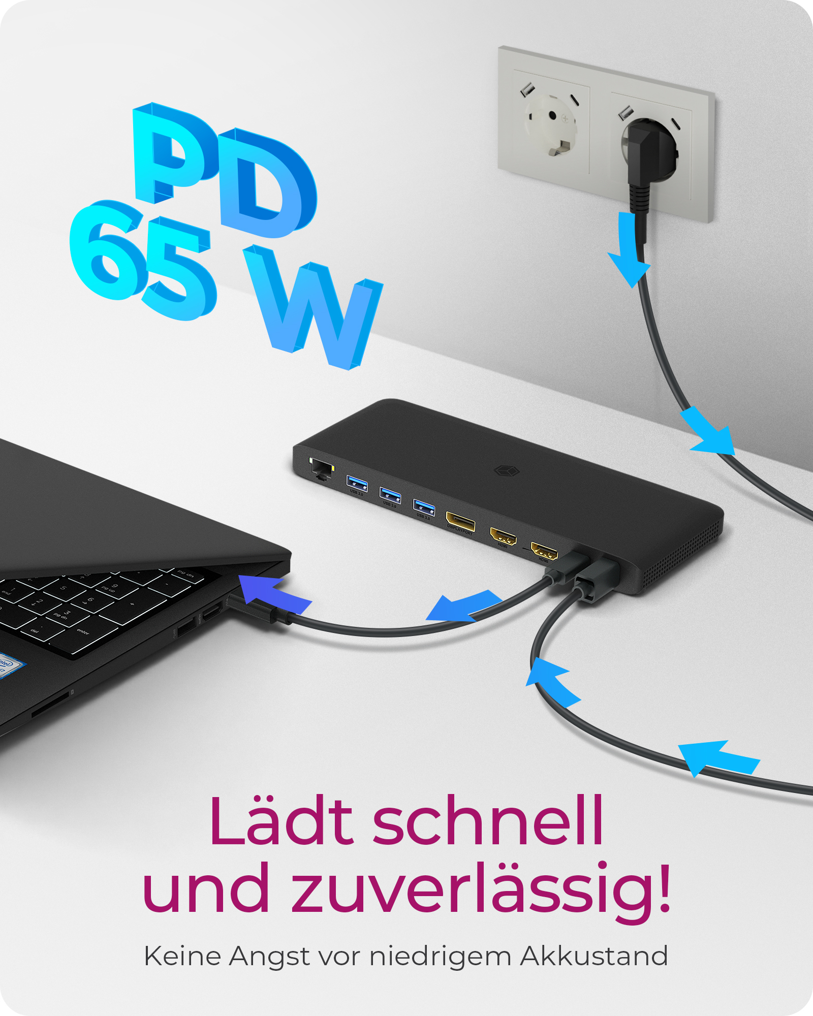 Ein Laptop ist mit einer Dockingstation verbunden, die an eine Steckdose angeschlossen ist.