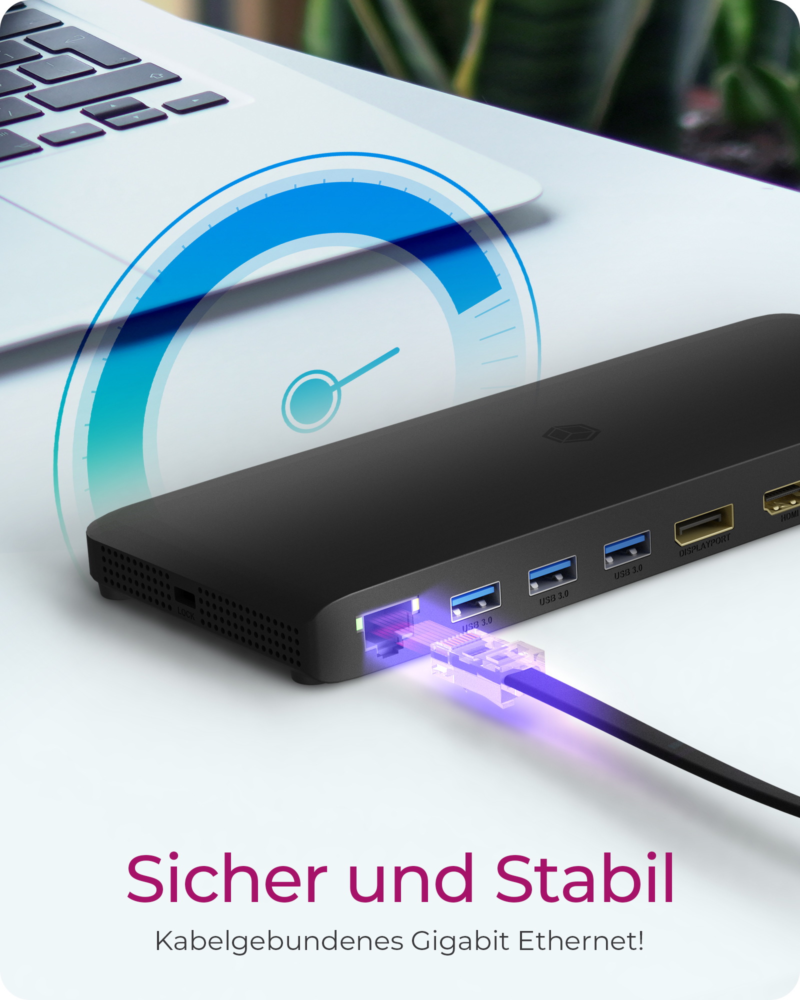 Schwarzer USB-C-Hub mit Laptop, Ethernet-Kabel und blauer Geschwindigkeitsanzeige.