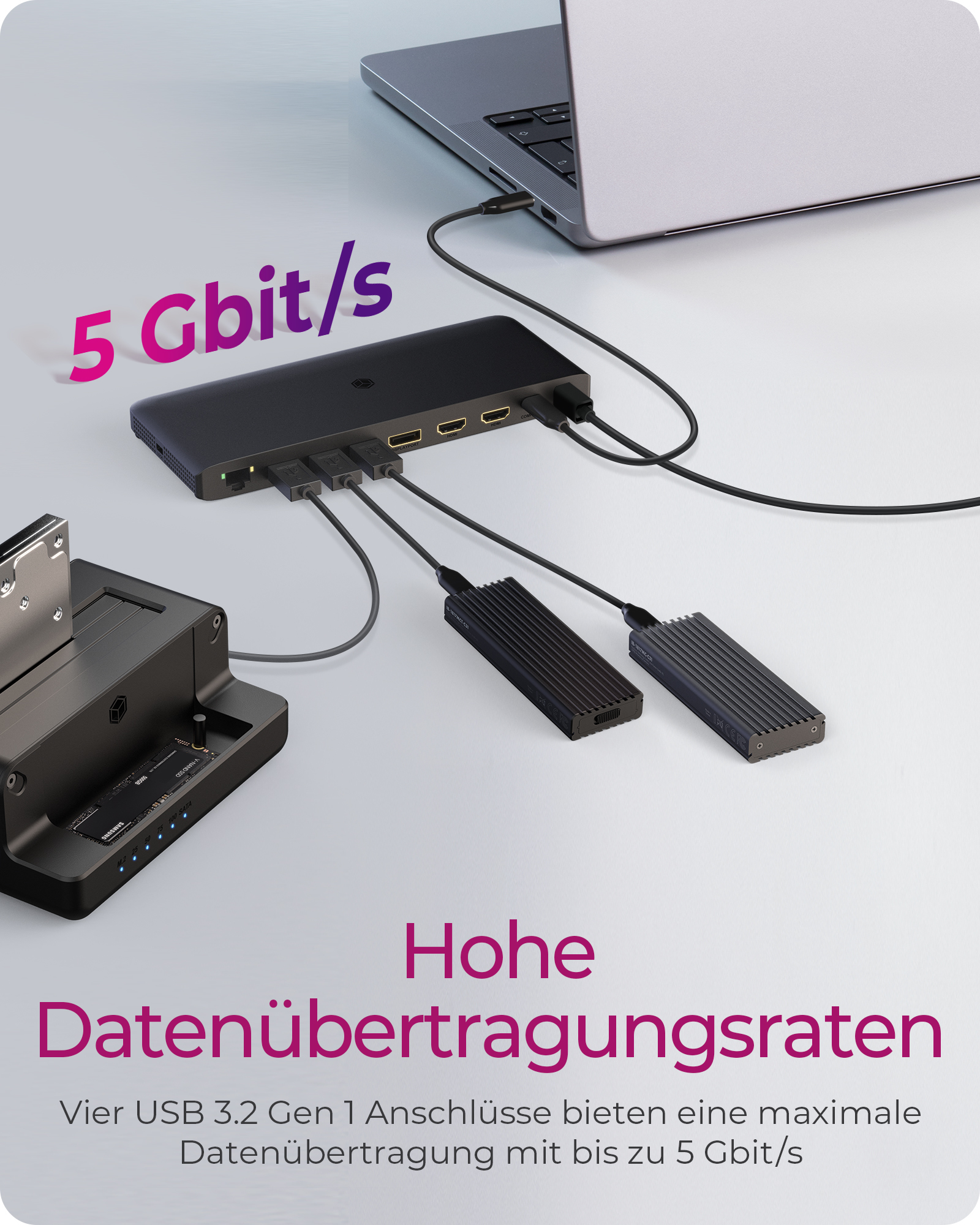 Laptop mit Dockingstation und externen SSDs, 5 Gbit/s.