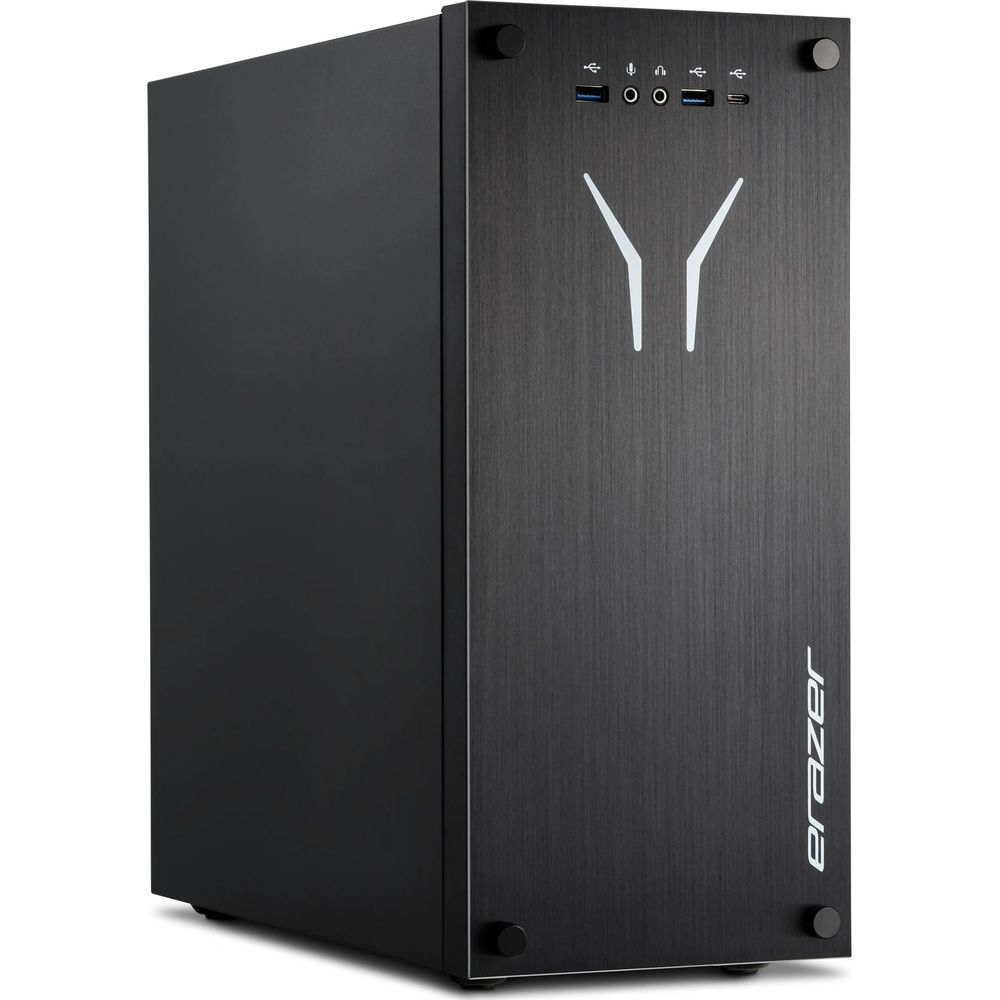 Un case per computer nero con frontale spazzolato e logo "Erazer".