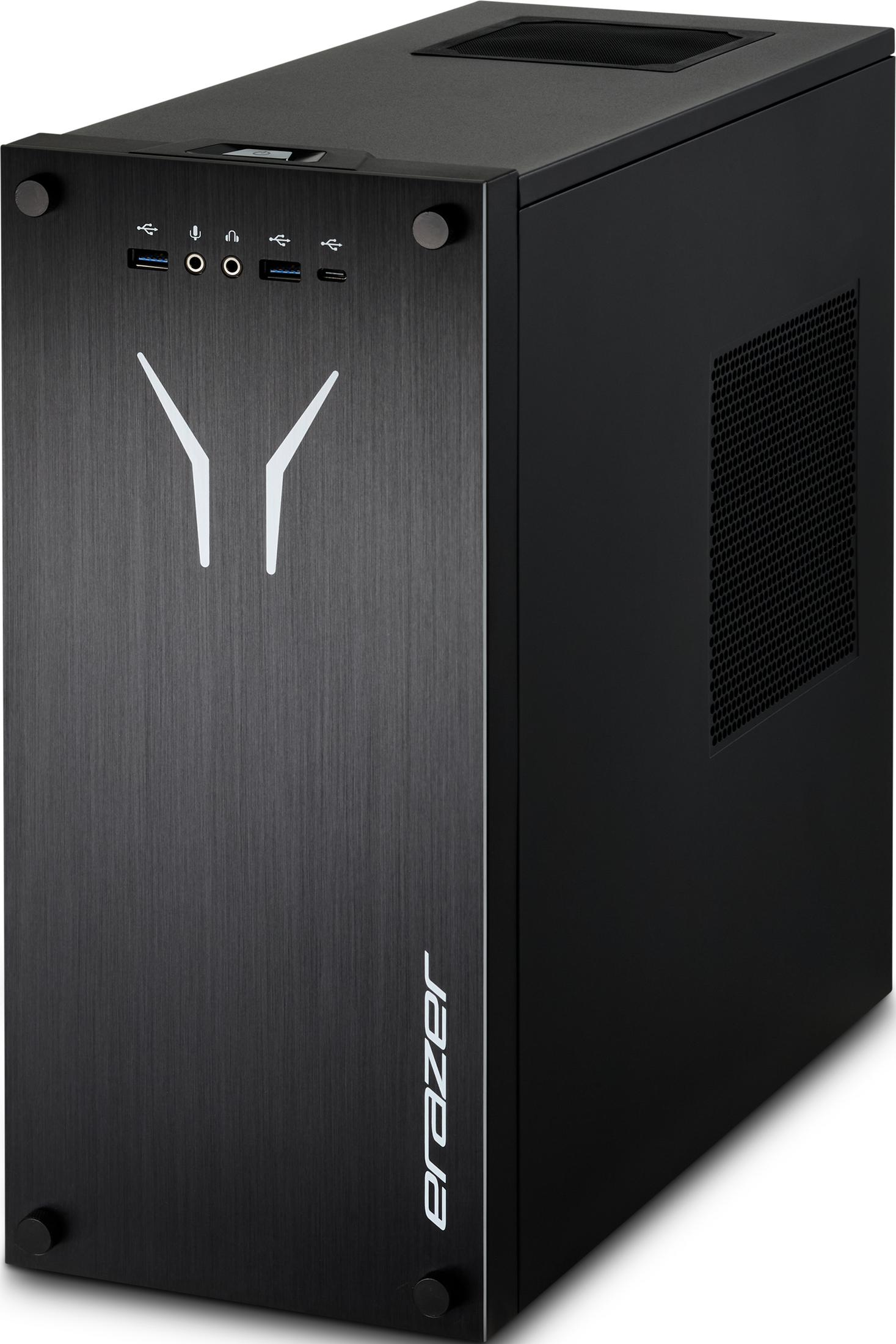 Case PC nero con frontale spazzolato, logo bianco e porte.