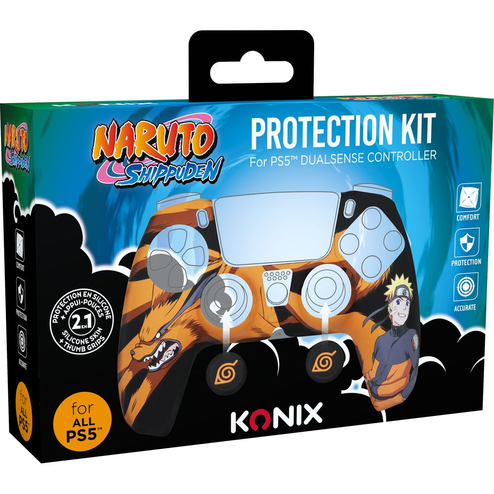 Kit protezione controller PS5 Naruto Shippuden. Design Naruto e Kurama. Arancione, nero.