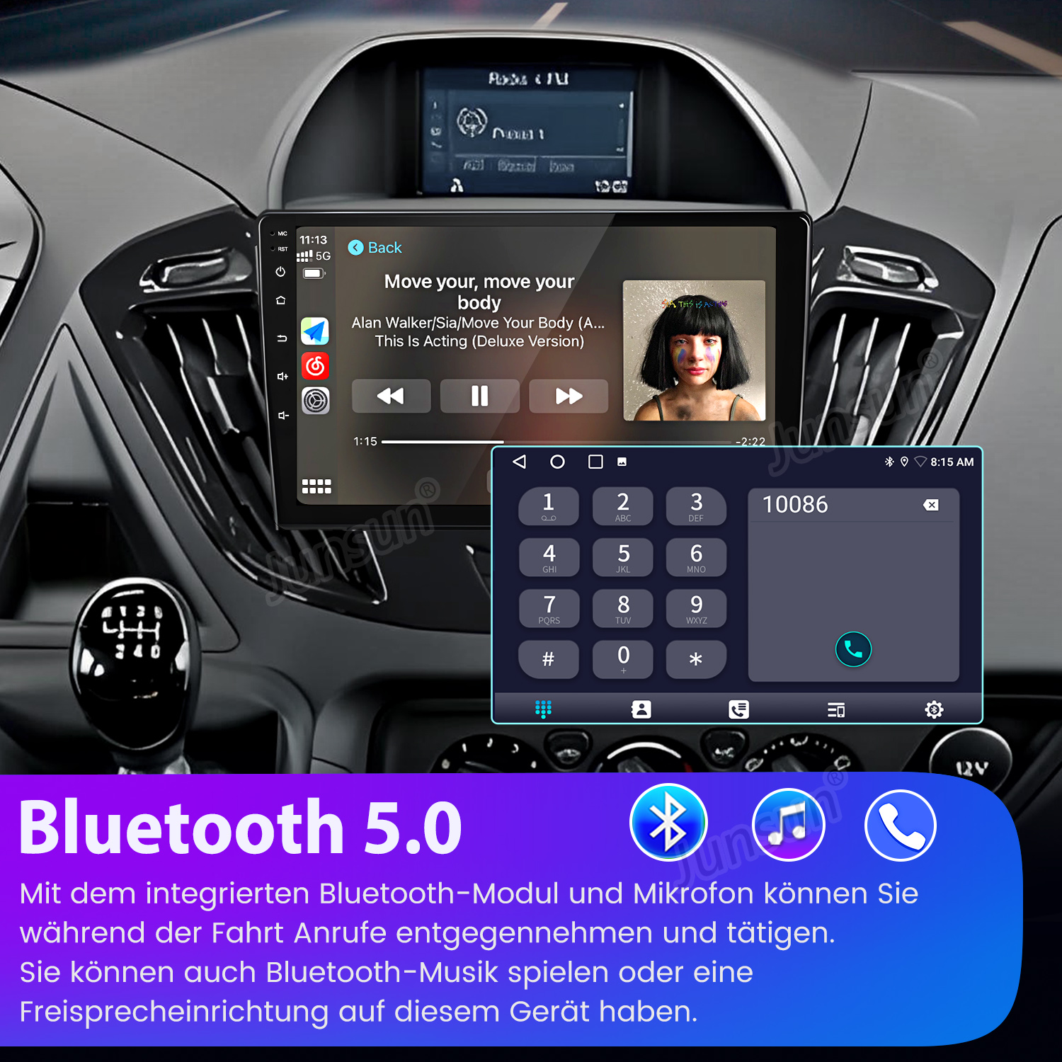 Ein Auto-Infotainmentsystem mit Musik- und Telefonfunktionen.