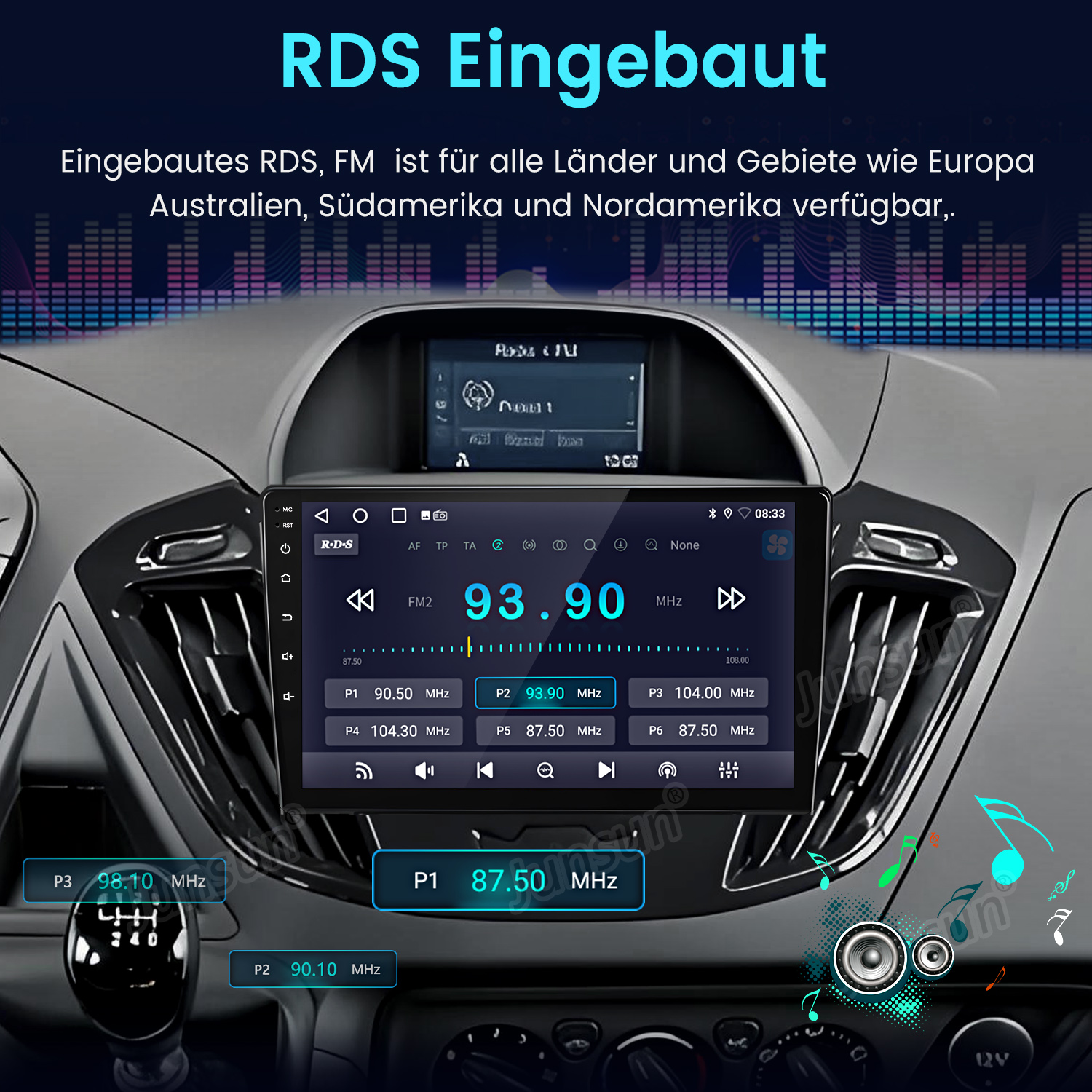 Das Bild zeigt ein Autoradio mit RDS-Funktion und FM-Anzeige.