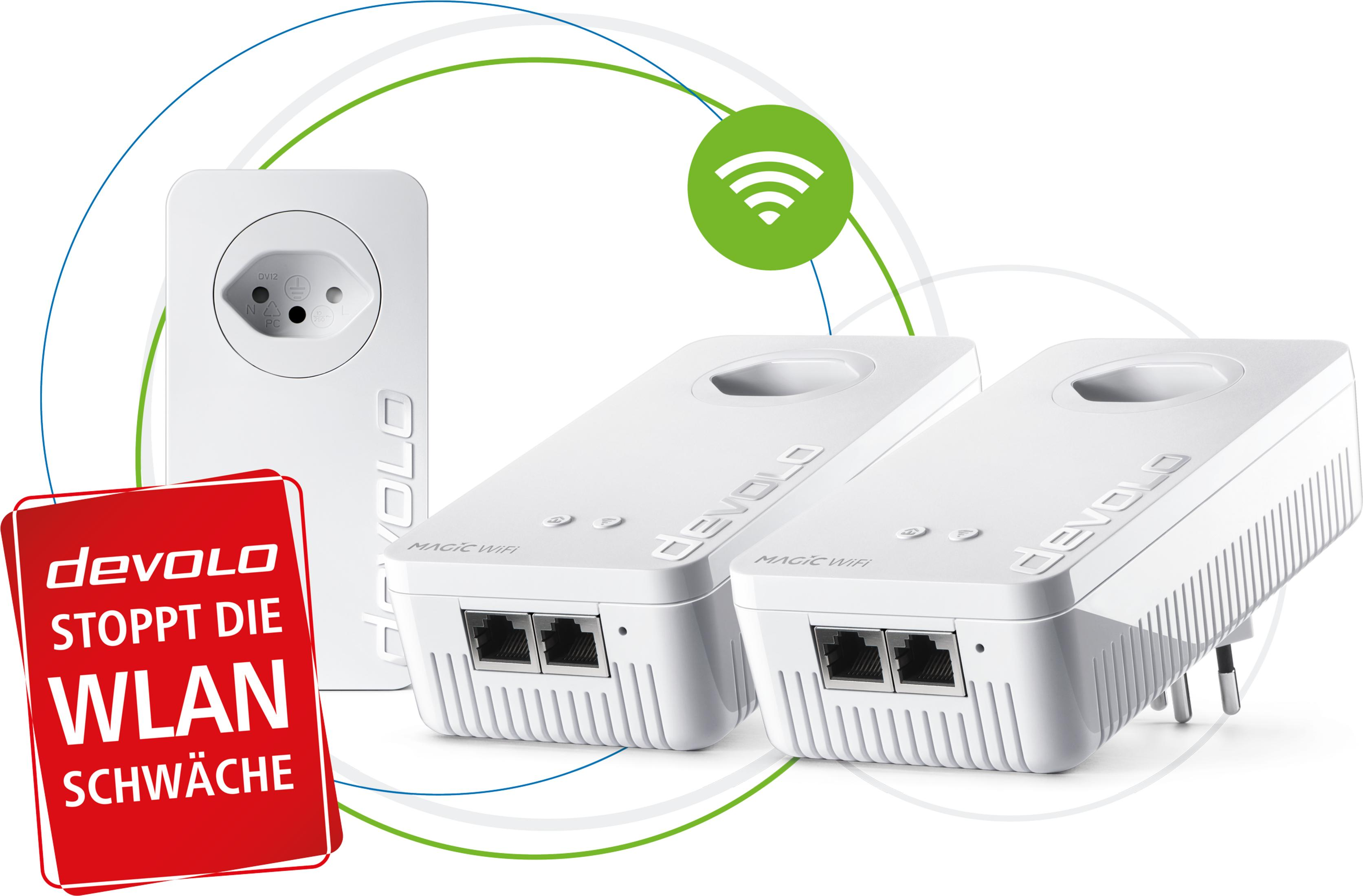 Trois adaptateurs Devolo Magic WiFi Powerline blancs avec ports Ethernet et icône WiFi.