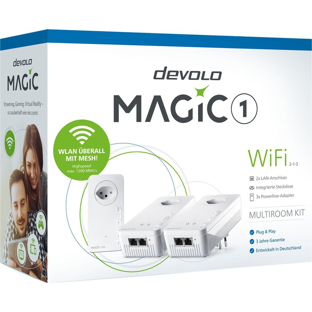 Kit Multiroom Devolo MAGIC 1 WiFi avec deux adaptateurs et une prise.