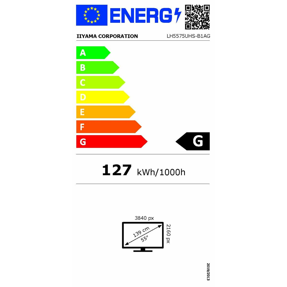 Etiqueta de eficiencia energética para TV de 55 pulgadas, clase G, 127 kWh/1000h.
