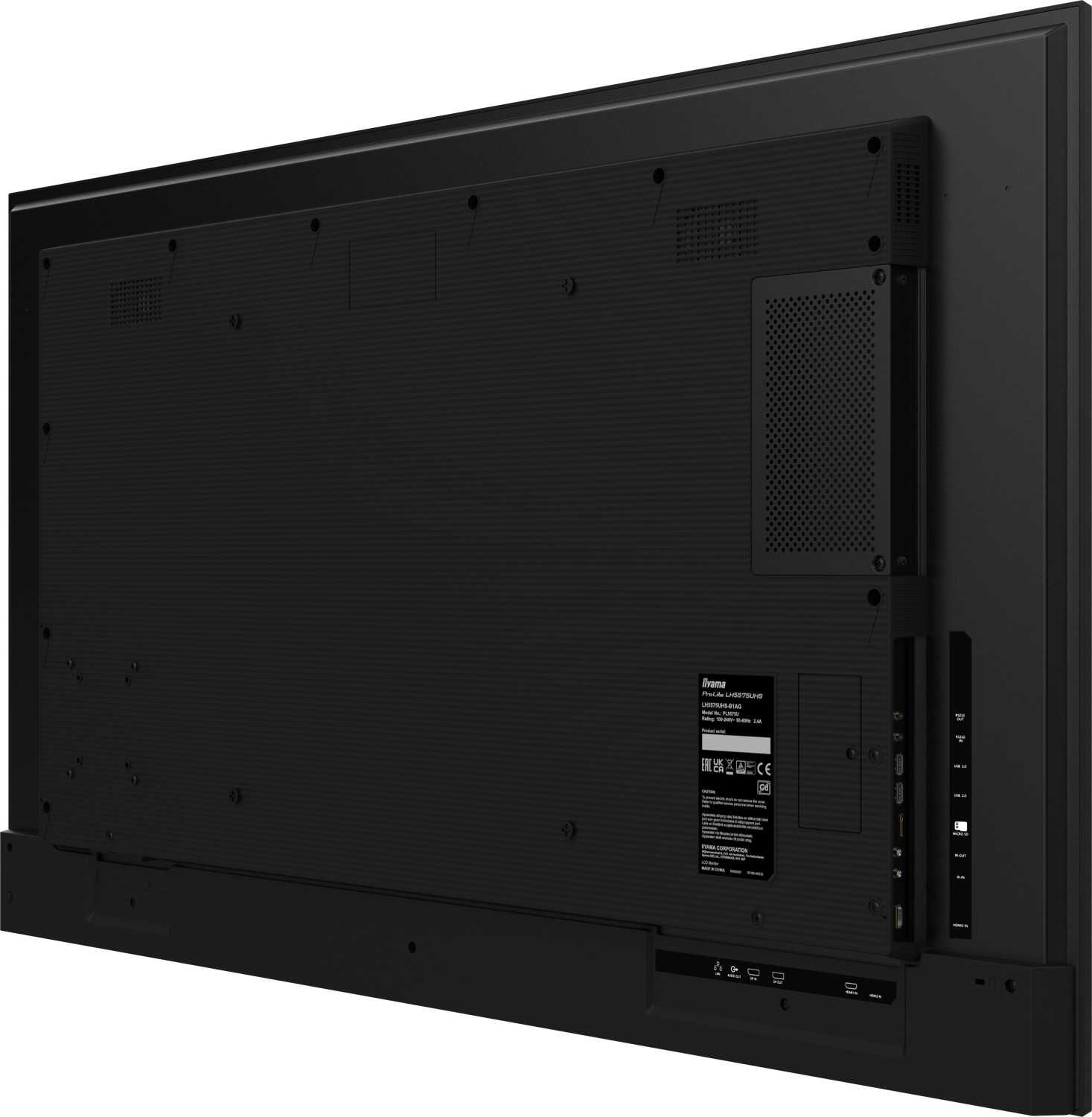 Reverso de un monitor negro con puertos y etiquetas. Logo Iiyama visible.
