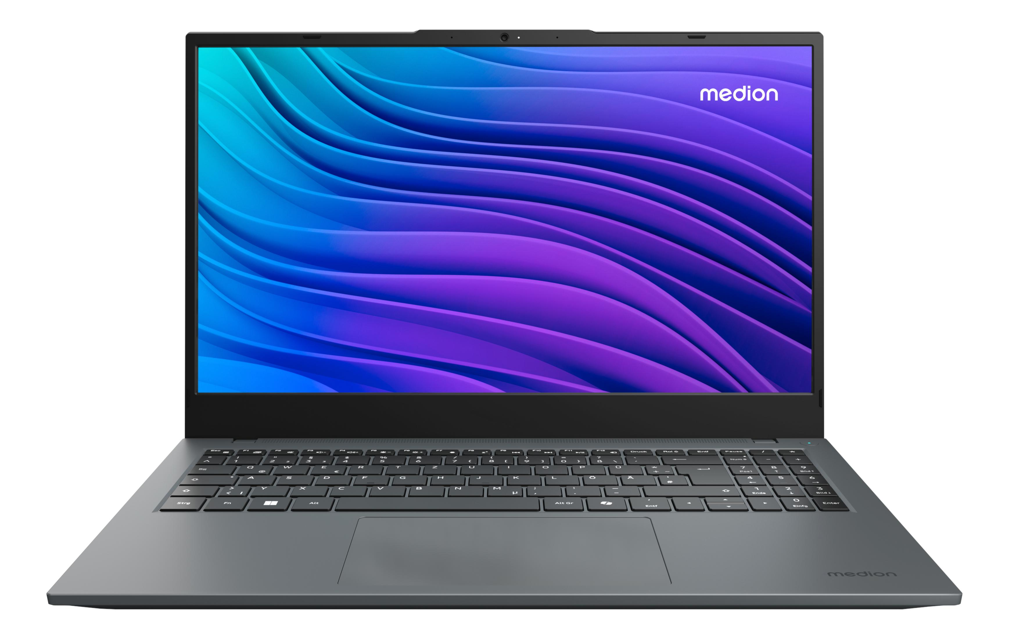 Ein grauer Medion Laptop mit einem geschwungenen, blau-violetten Hintergrund auf dem Bildschirm.