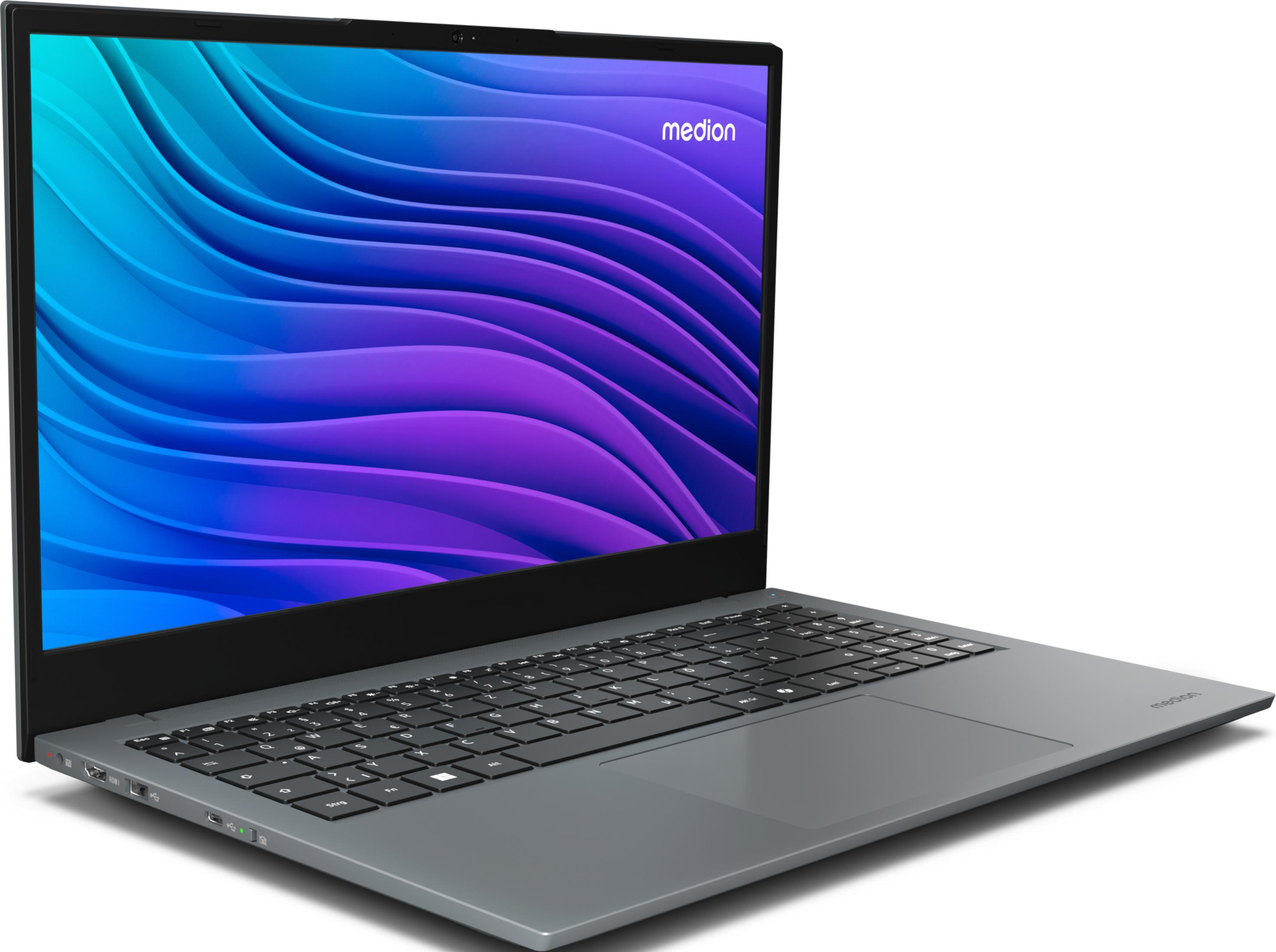 Ein graues Medion-Laptop mit farbigem Hintergrund auf dem Bildschirm.