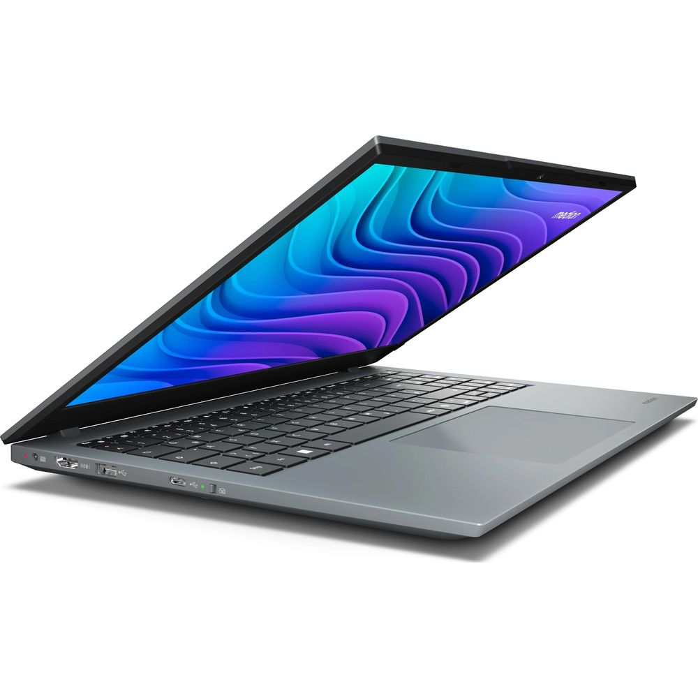 Ein grauer Laptop ist geöffnet und zeigt eine Tastatur und einen Bildschirm mit bunten abstrakten Wellen.