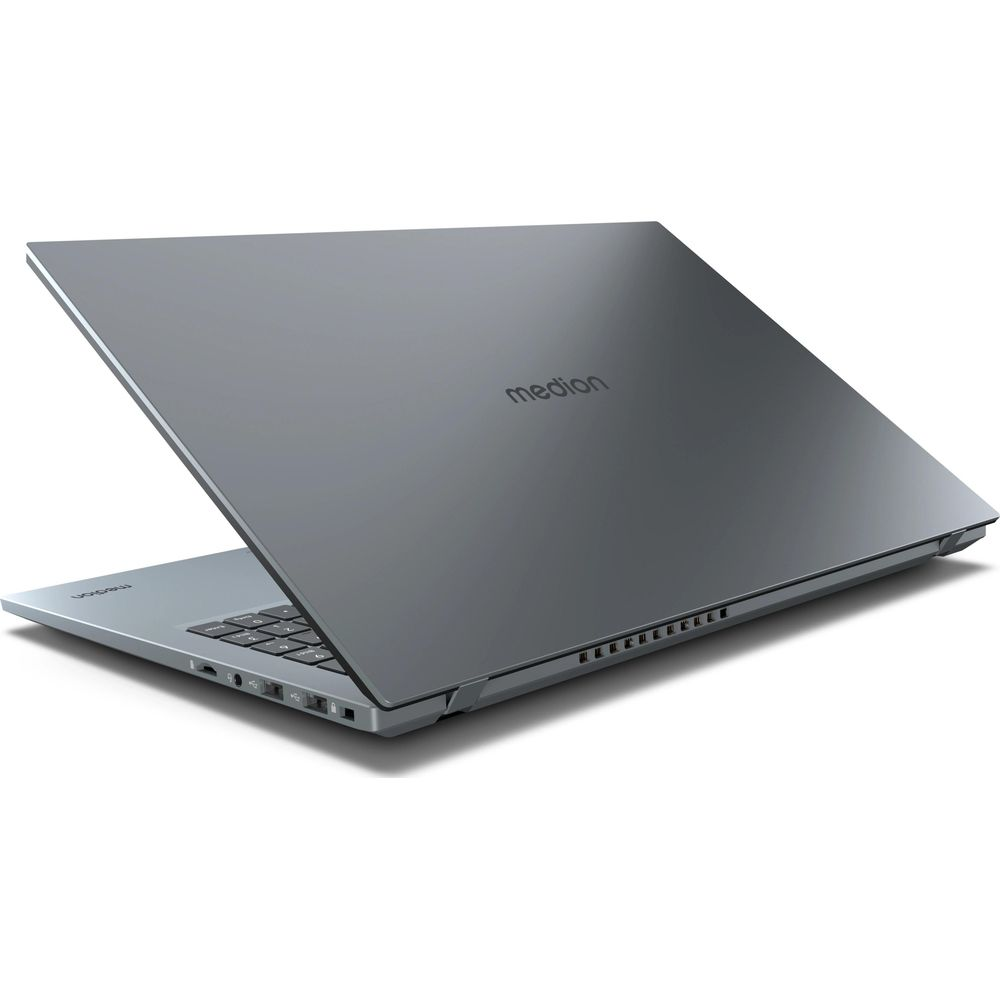 Grauer Medion Laptop, von hinten links, mit geöffnetem Deckel und Tastatur sichtbar.