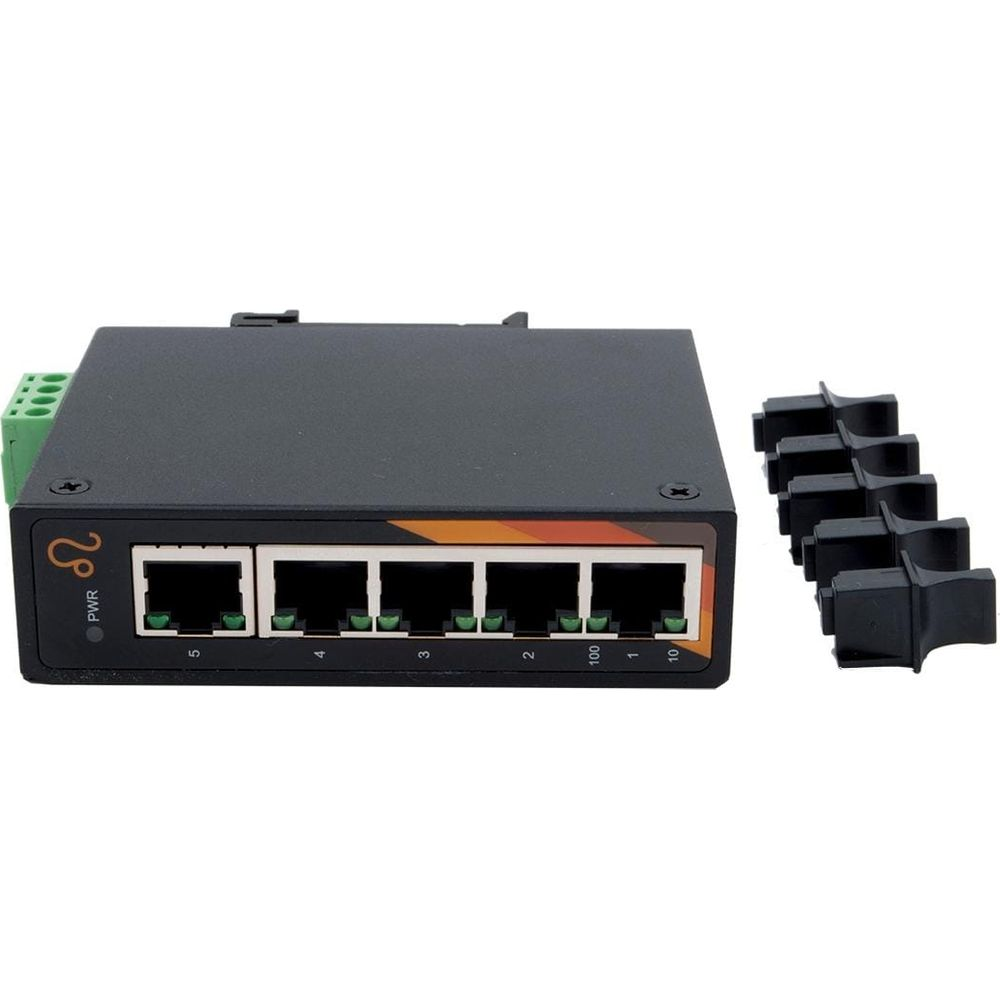 Uno switch di rete nero a 5 porte con connettori verdi e porte Ethernet.