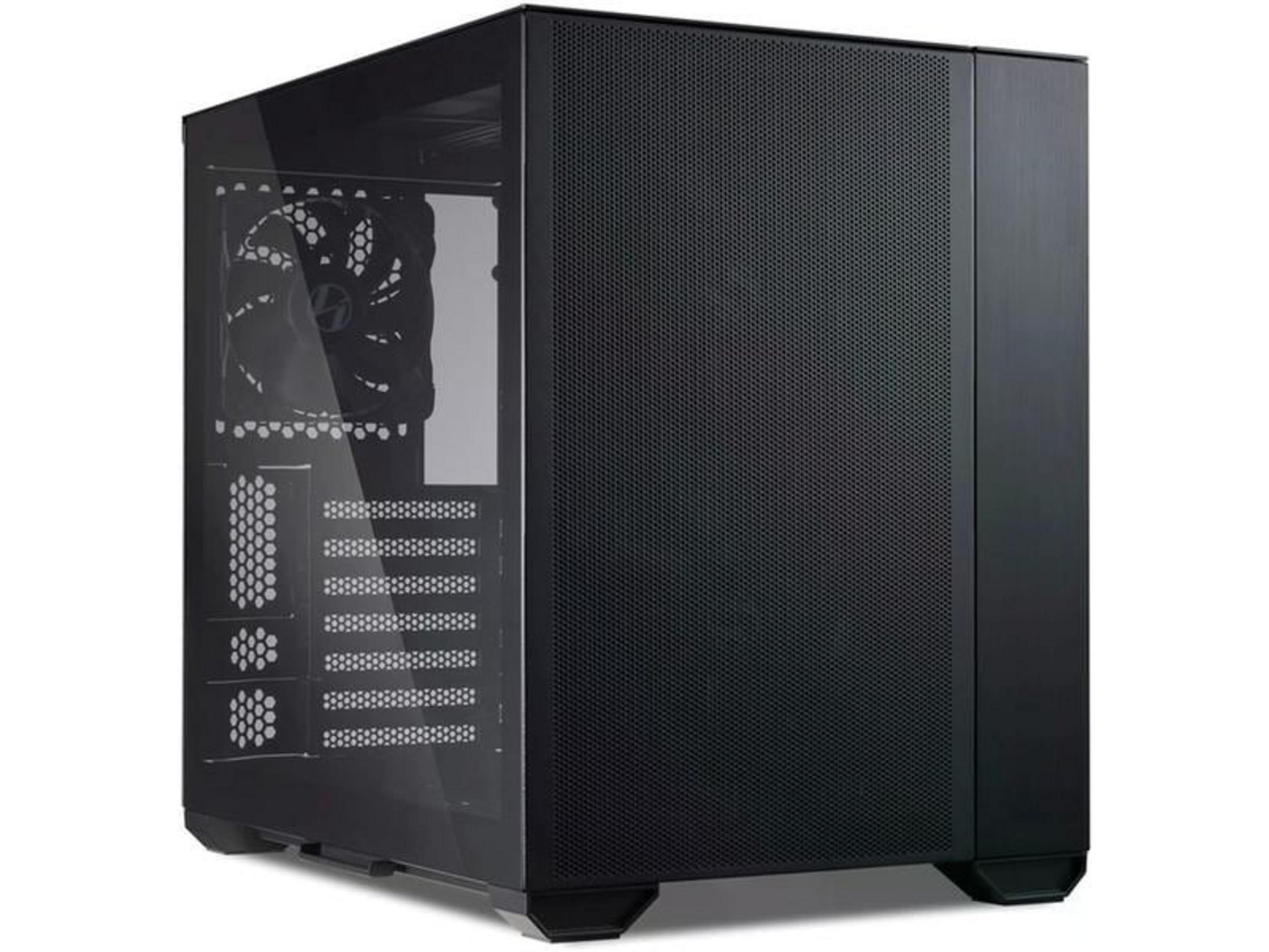 Ein schwarzes Computergehäuse mit Glasfront und Lüftern.