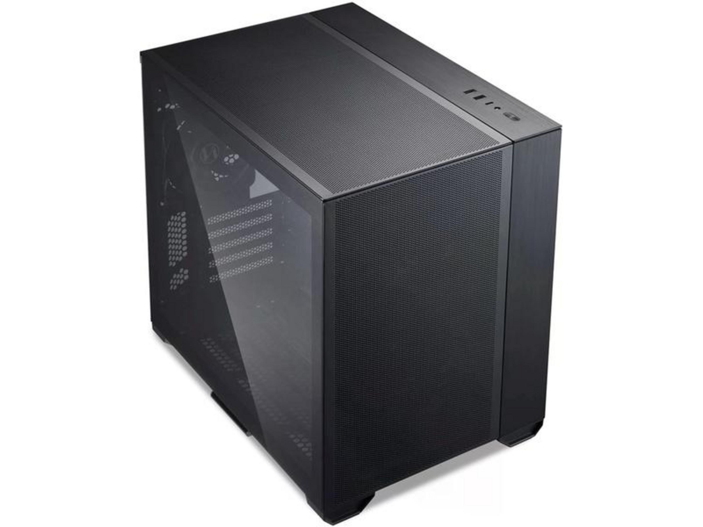 Schwarzes Computergehäuse mit Glasfront und Mesh-Oberseite auf weißem Hintergrund.