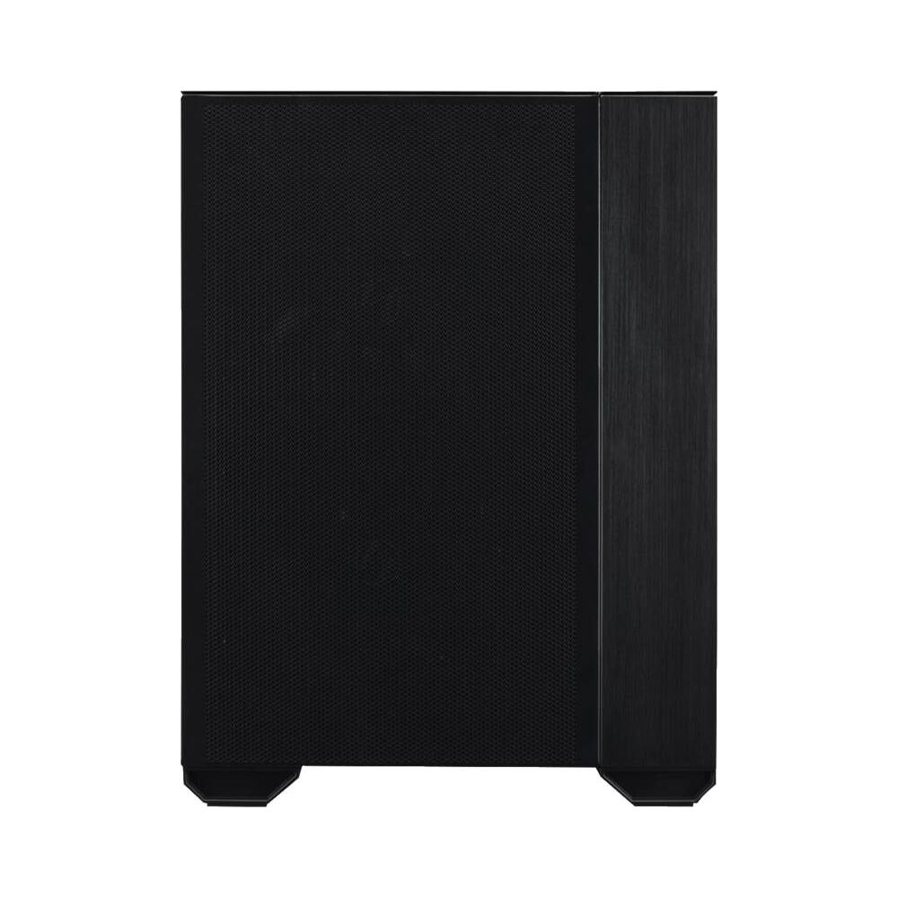 Schwarzes Computergehäuse mit perforierter Vorderseite und Holzmaserung an der Seite.