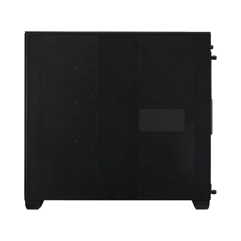 Schwarzes PC-Gehäuse mit Lüftungsgitter und sichtbaren Füßen.