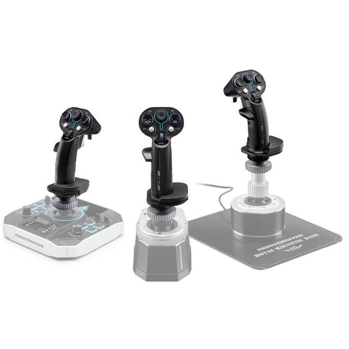 Three black joysticks with bases on a white background.