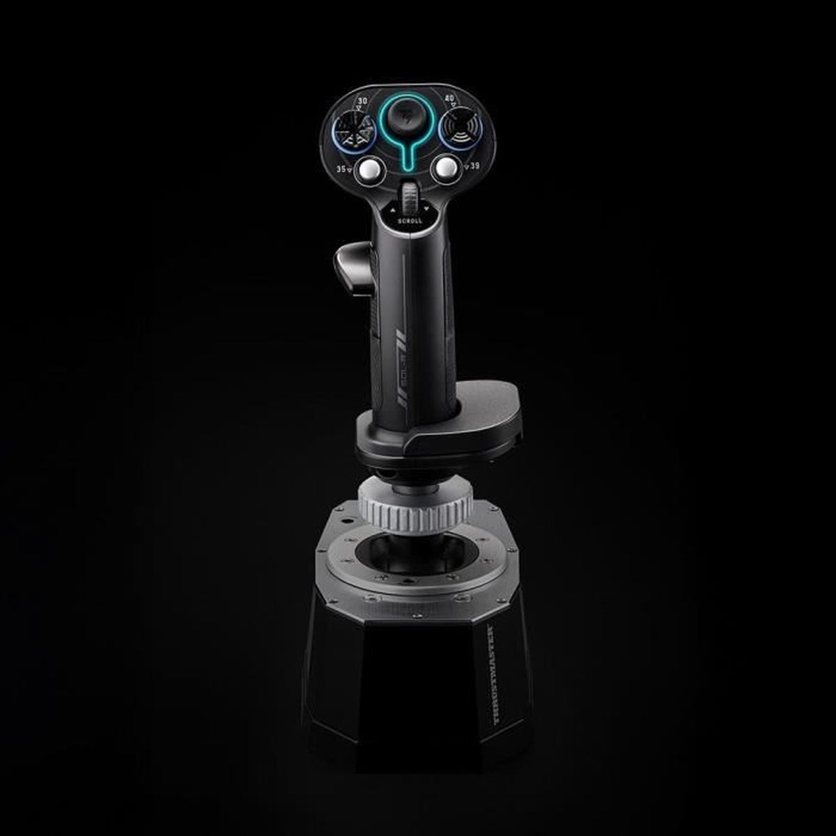 A black joystick with a silver base and illuminated buttons on a black background.