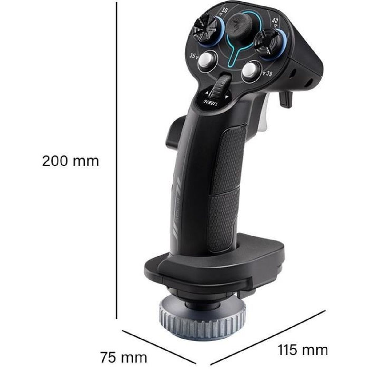 A black joystick with multiple buttons, a scroll wheel, and dimension labels.
