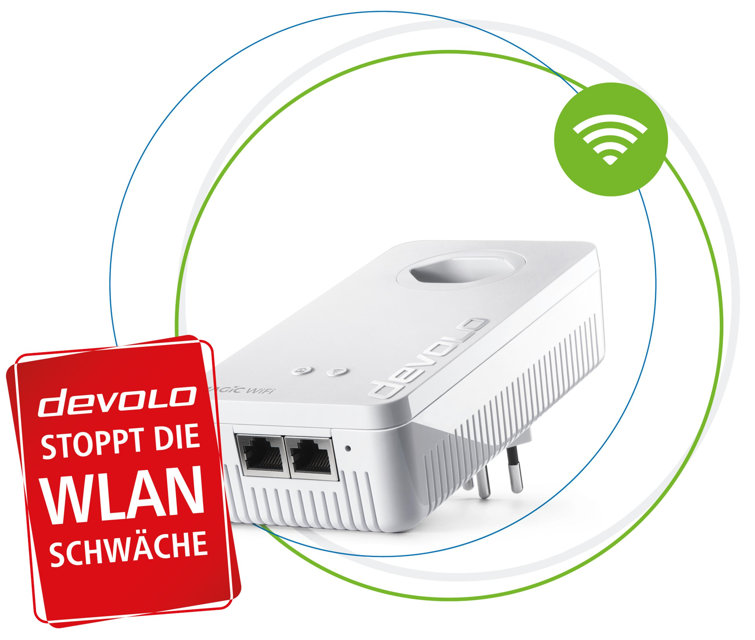 Un ripetitore Wi-Fi bianco con porte Ethernet e una spina.