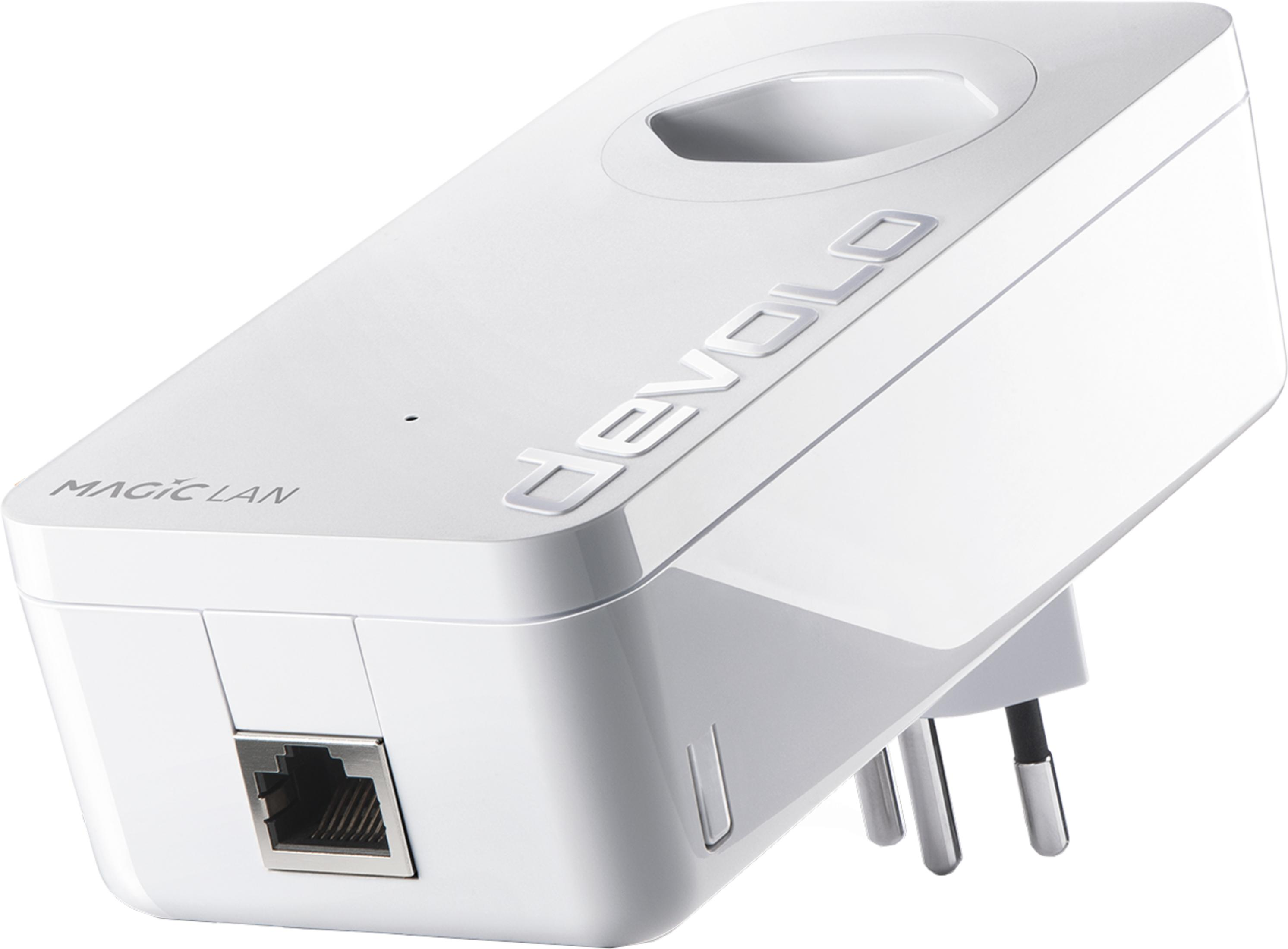 Un adattatore Devolo Magic LAN Powerline bianco con porta Ethernet.