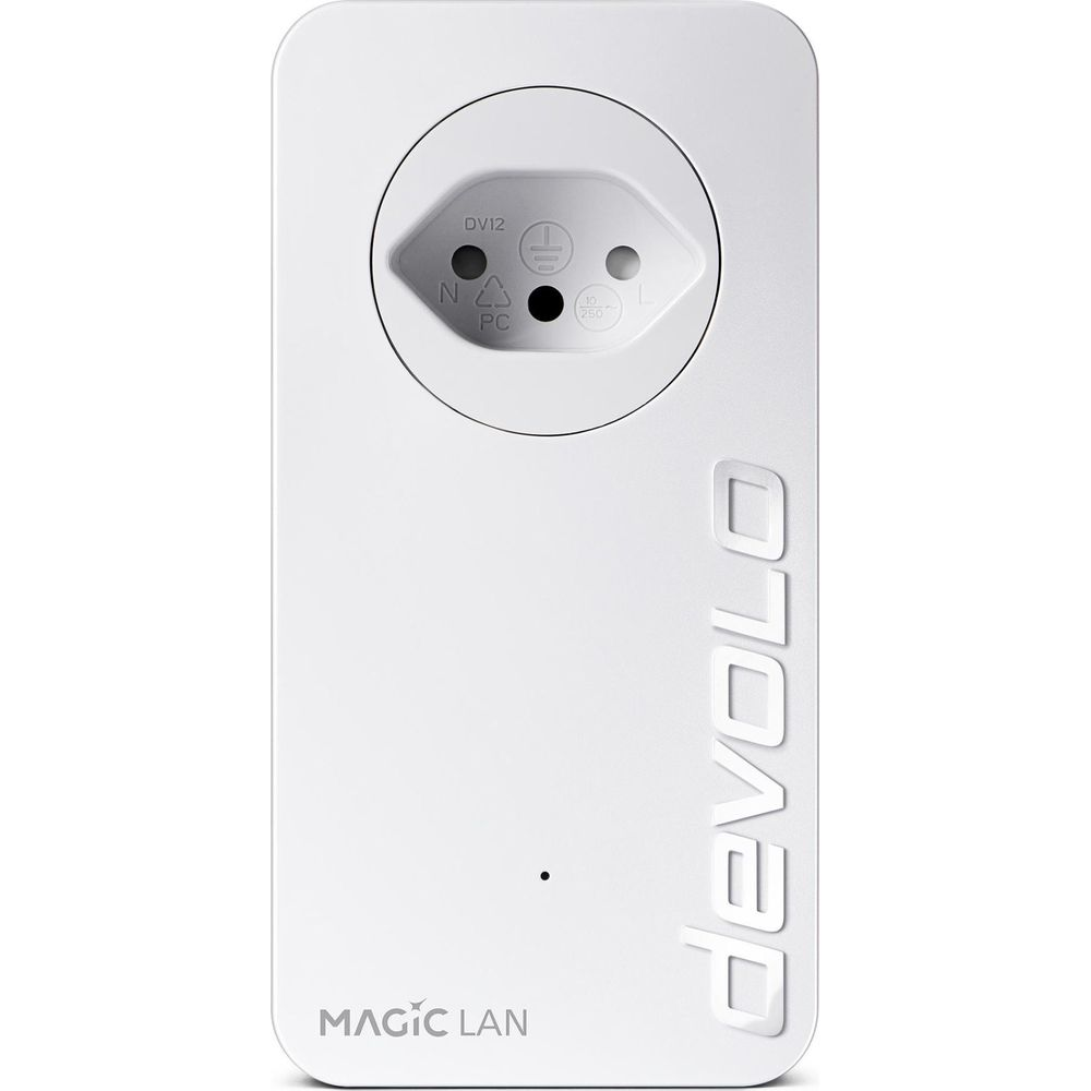 Adattatore Devolo Magic LAN bianco con presa e logo del marchio.