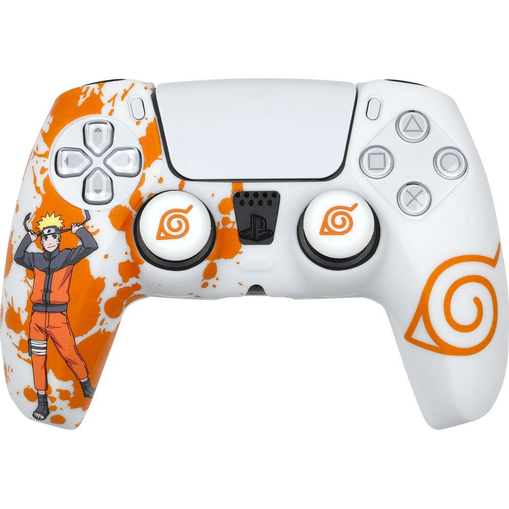 Controller bianco con personaggio Naruto, schizzi arancioni e simboli foglia.